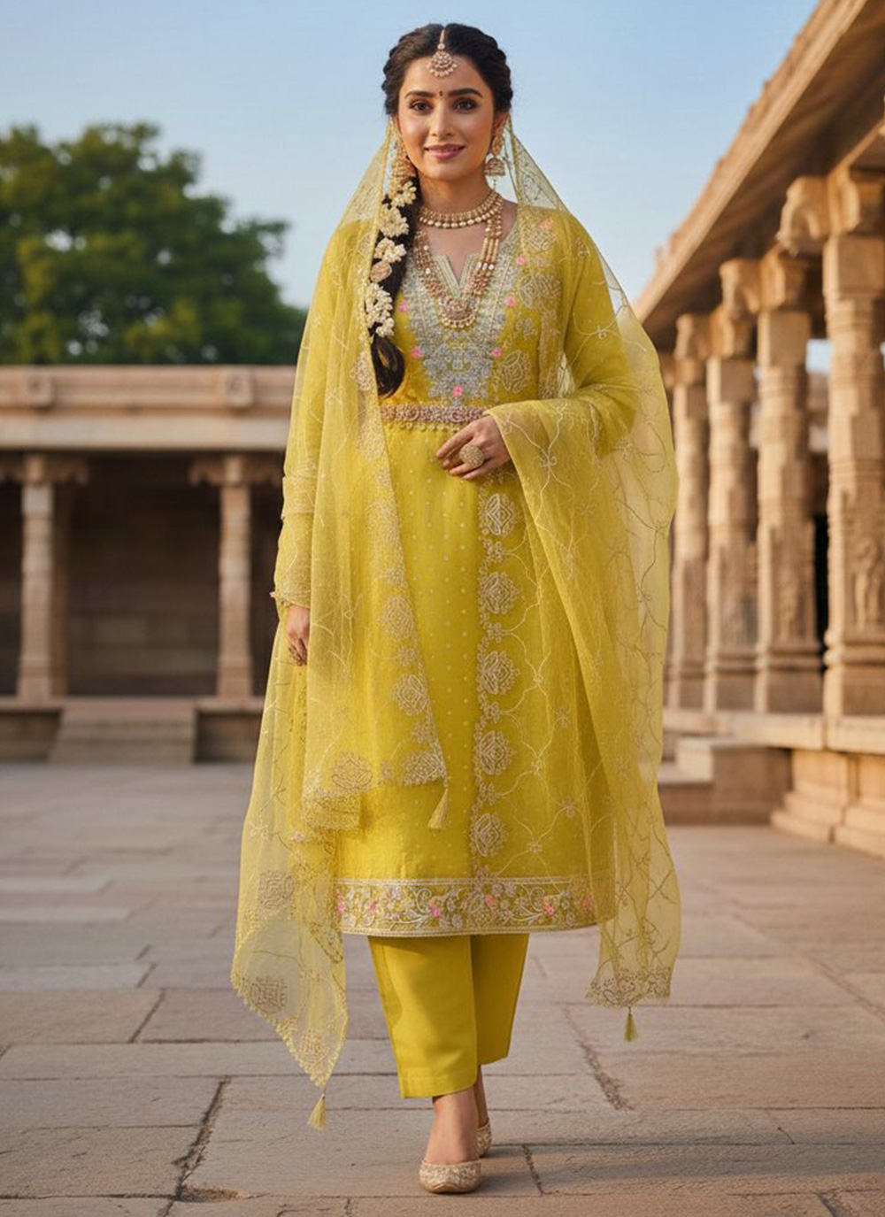 Mustard Embroidered Chanderi Butti Salwar Suit