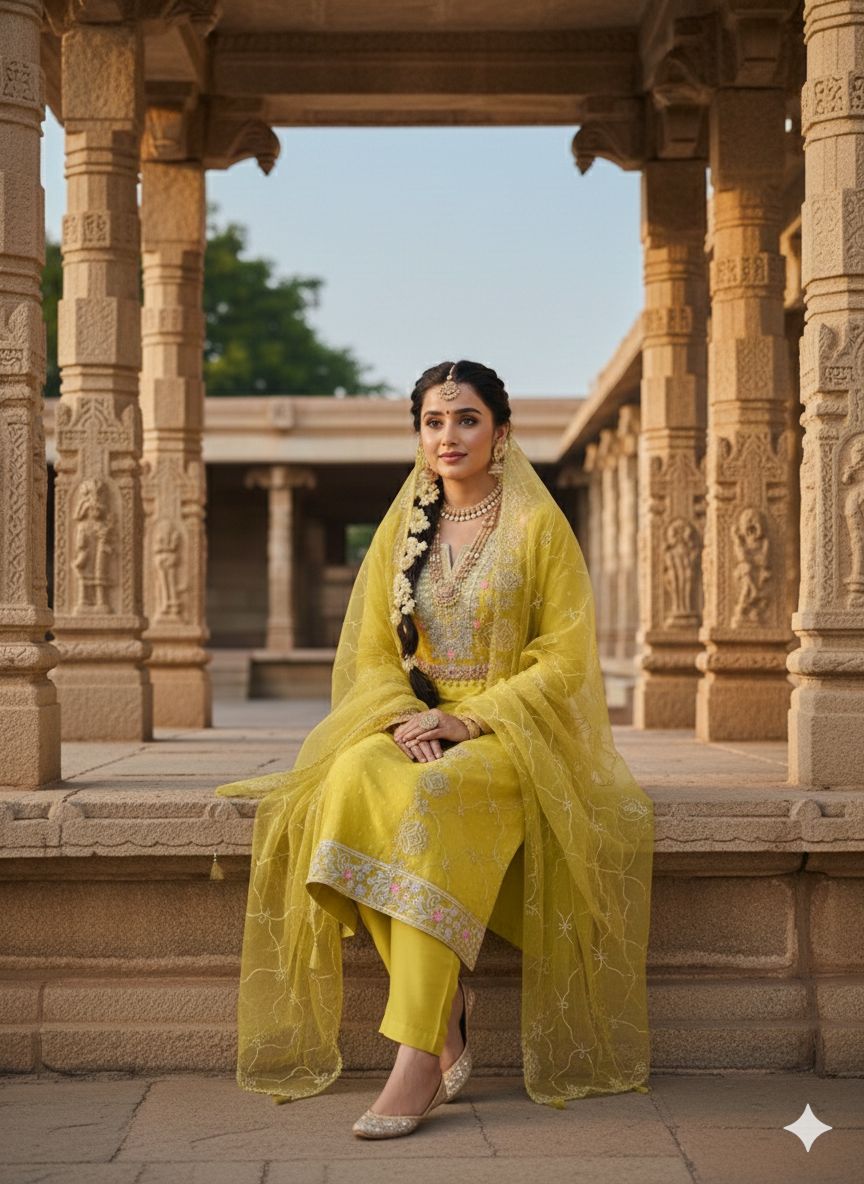 Mustard Embroidered Chanderi Butti Salwar Suit — alternate view