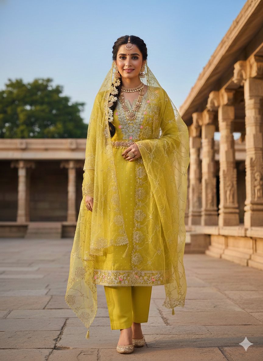 Mustard Embroidered Chanderi Butti Salwar Suit