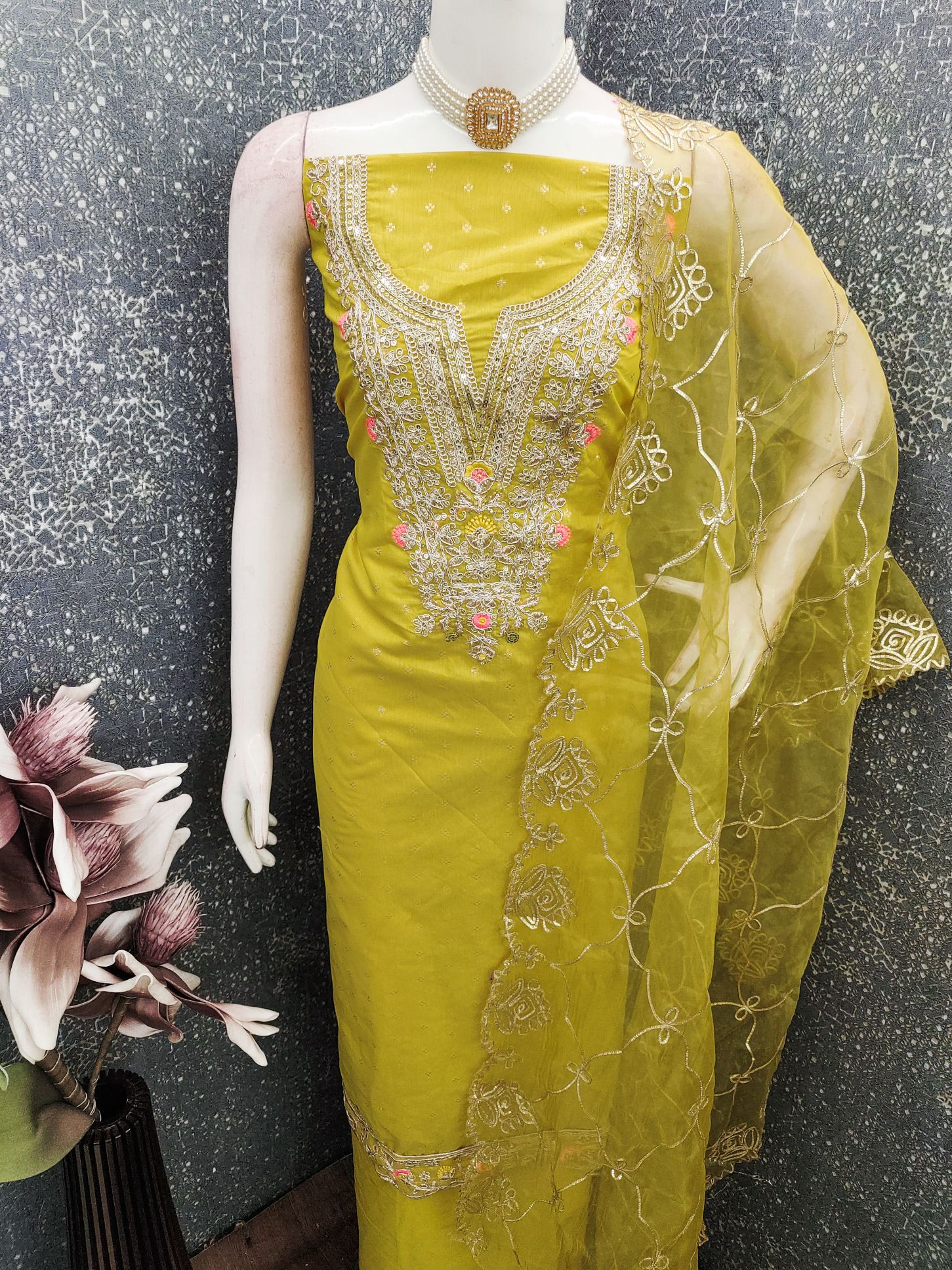 Mustard Embroidered Chanderi Butti Salwar Suit