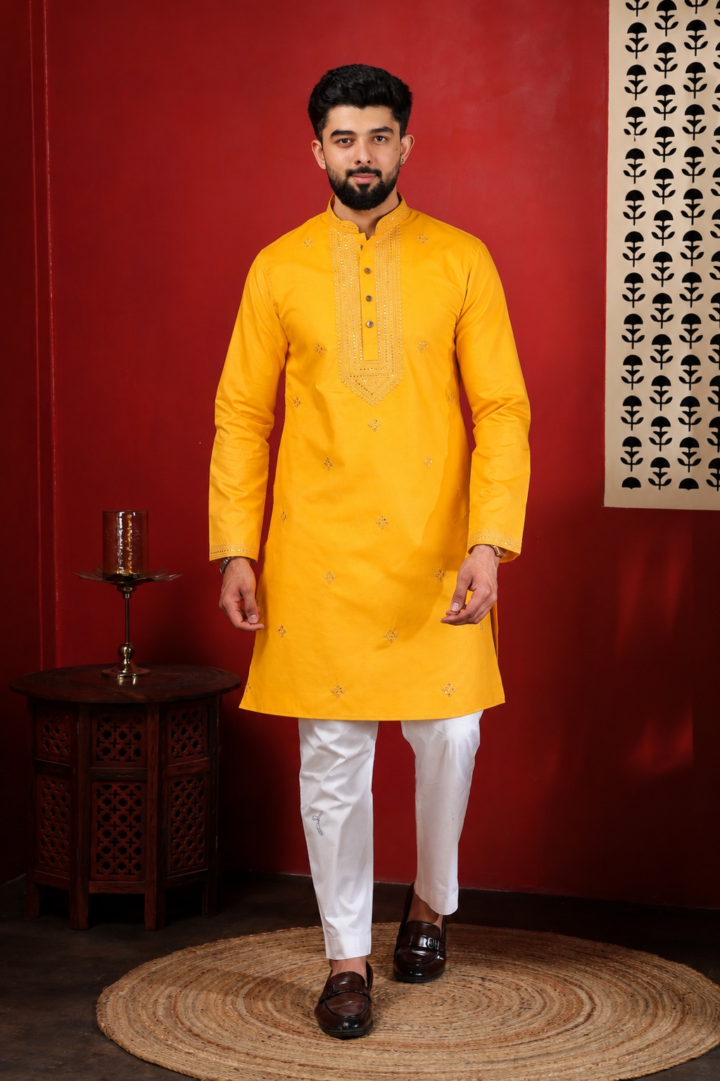 Mustard Embroidered Cotton Kurta Pyjama