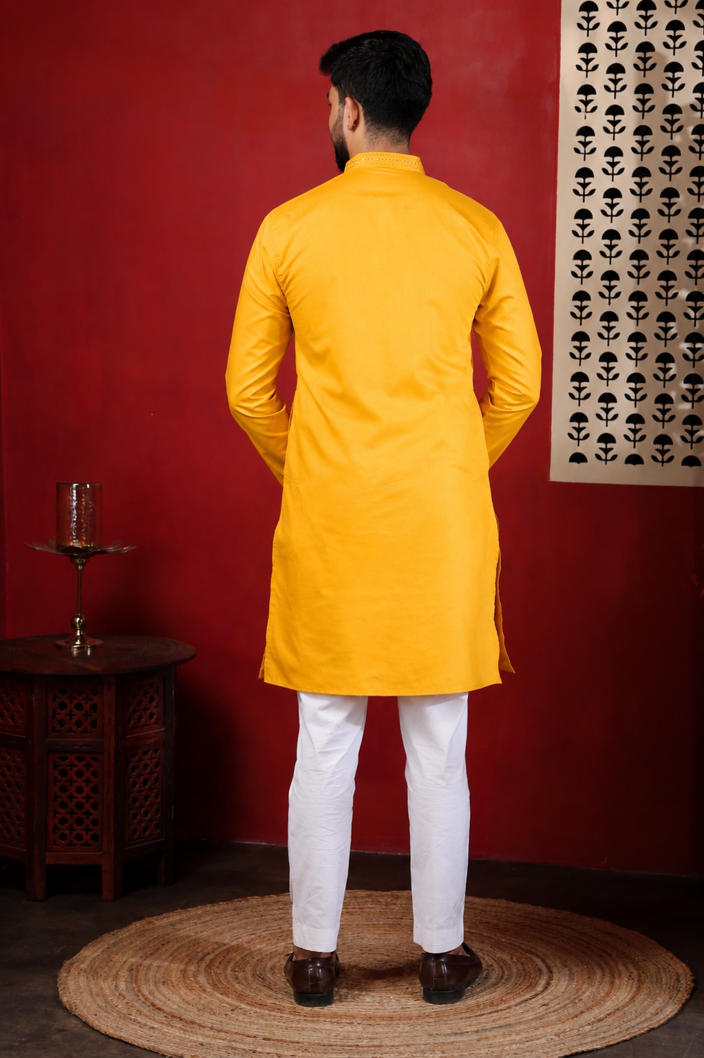 Mustard Embroidered Cotton Kurta Pyjama — alternate view