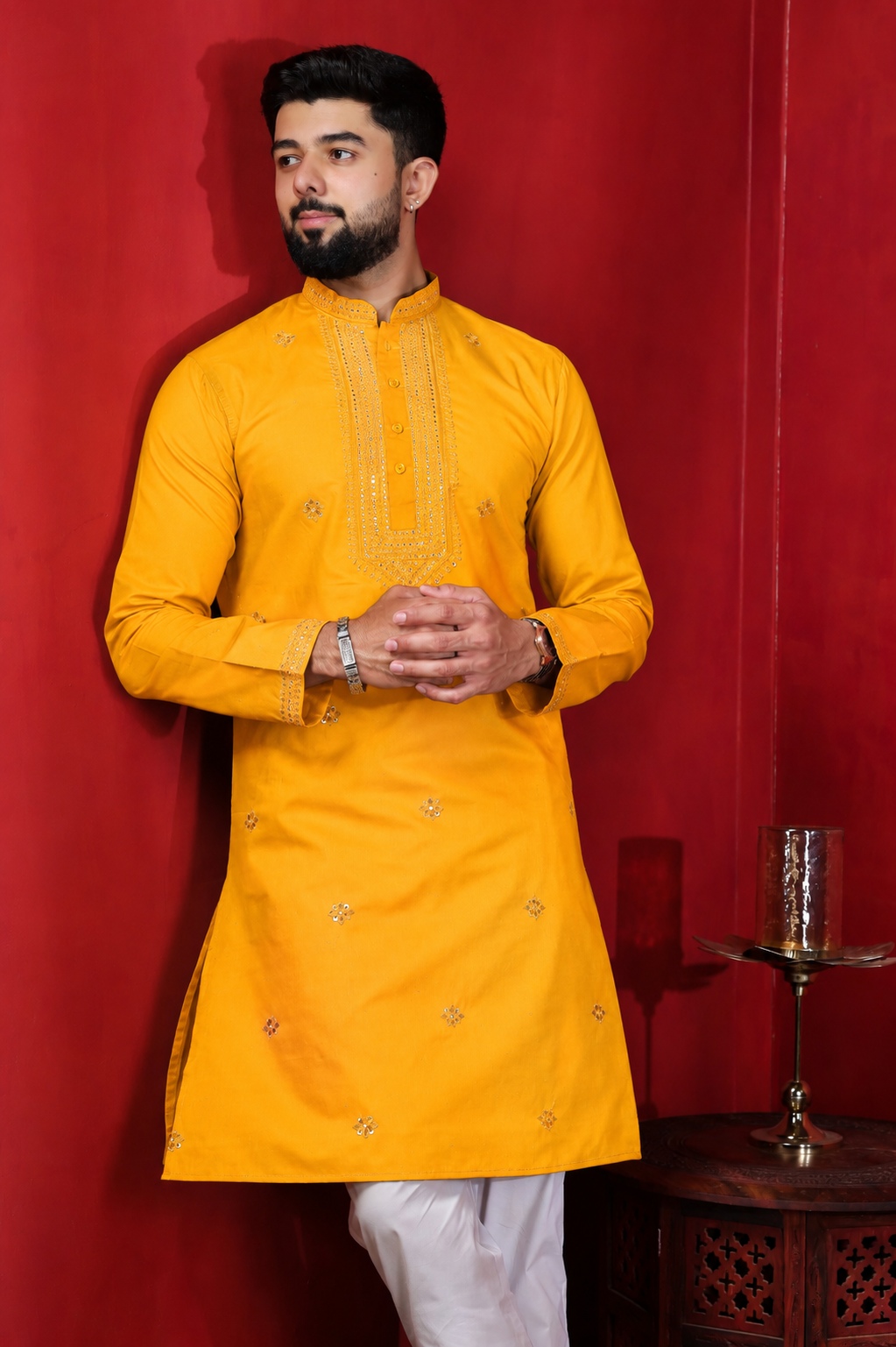 Mustard Embroidered Cotton Kurta Pyjama