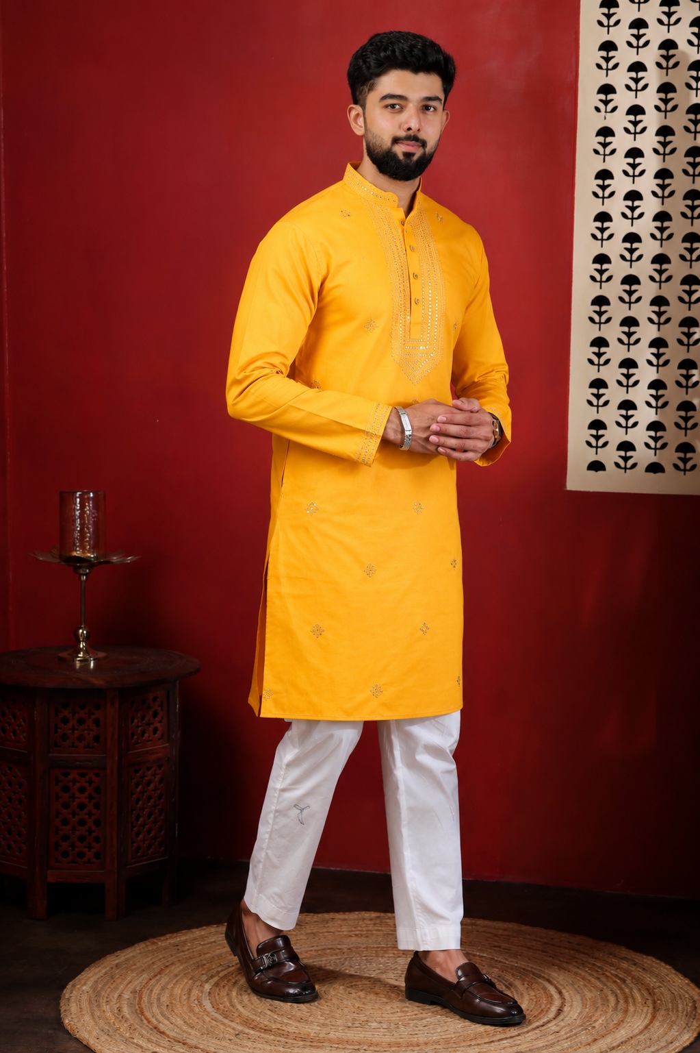 Mustard Embroidered Cotton Kurta Pyjama