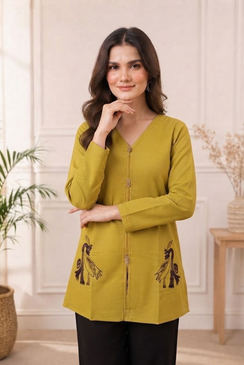 Mustard Embroidered Cotton Silk Tunic Top
