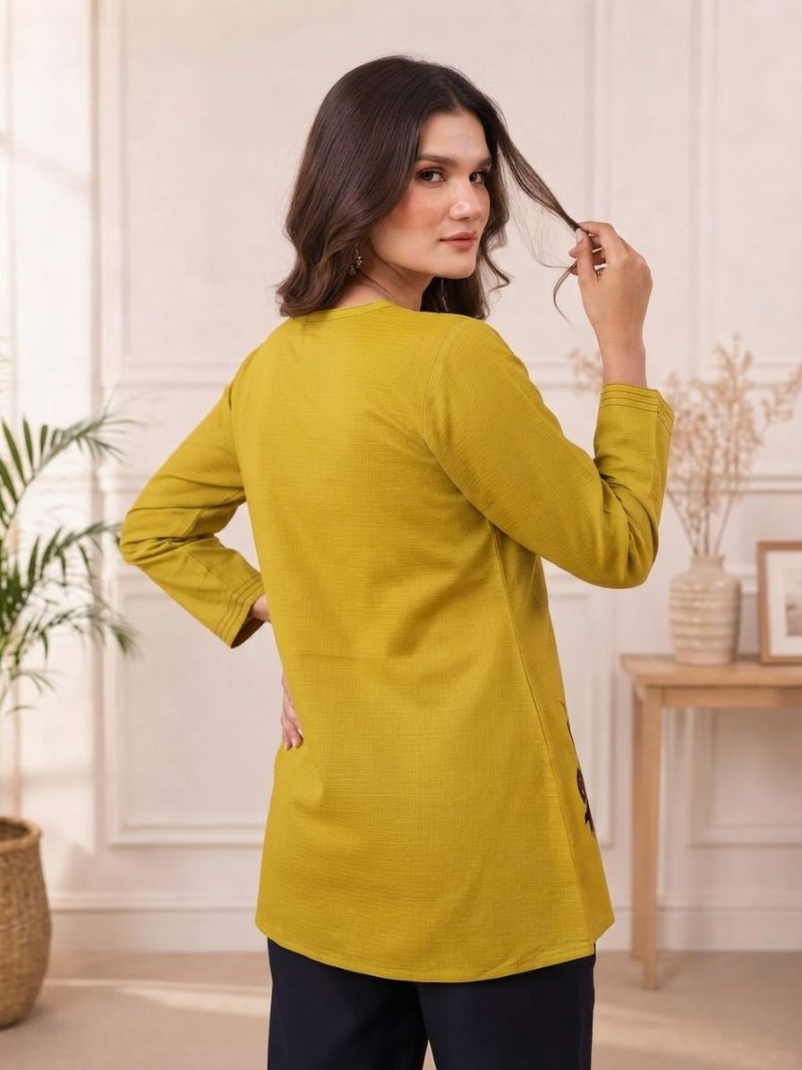 Mustard Embroidered Cotton Silk Tunic Top — alternate view