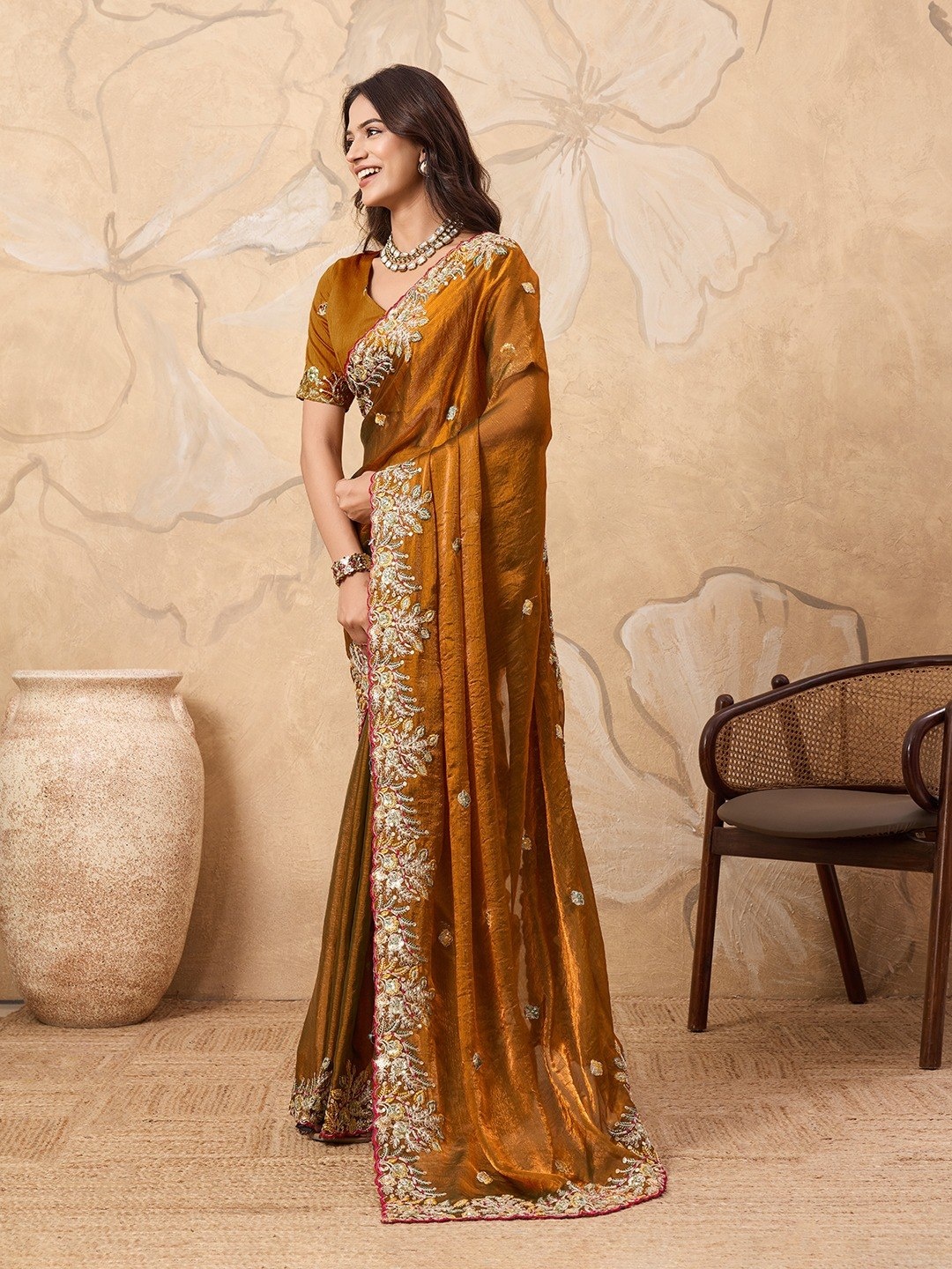 Mustard Embroidered Soft Fendy Chiffon Party Wear Saree