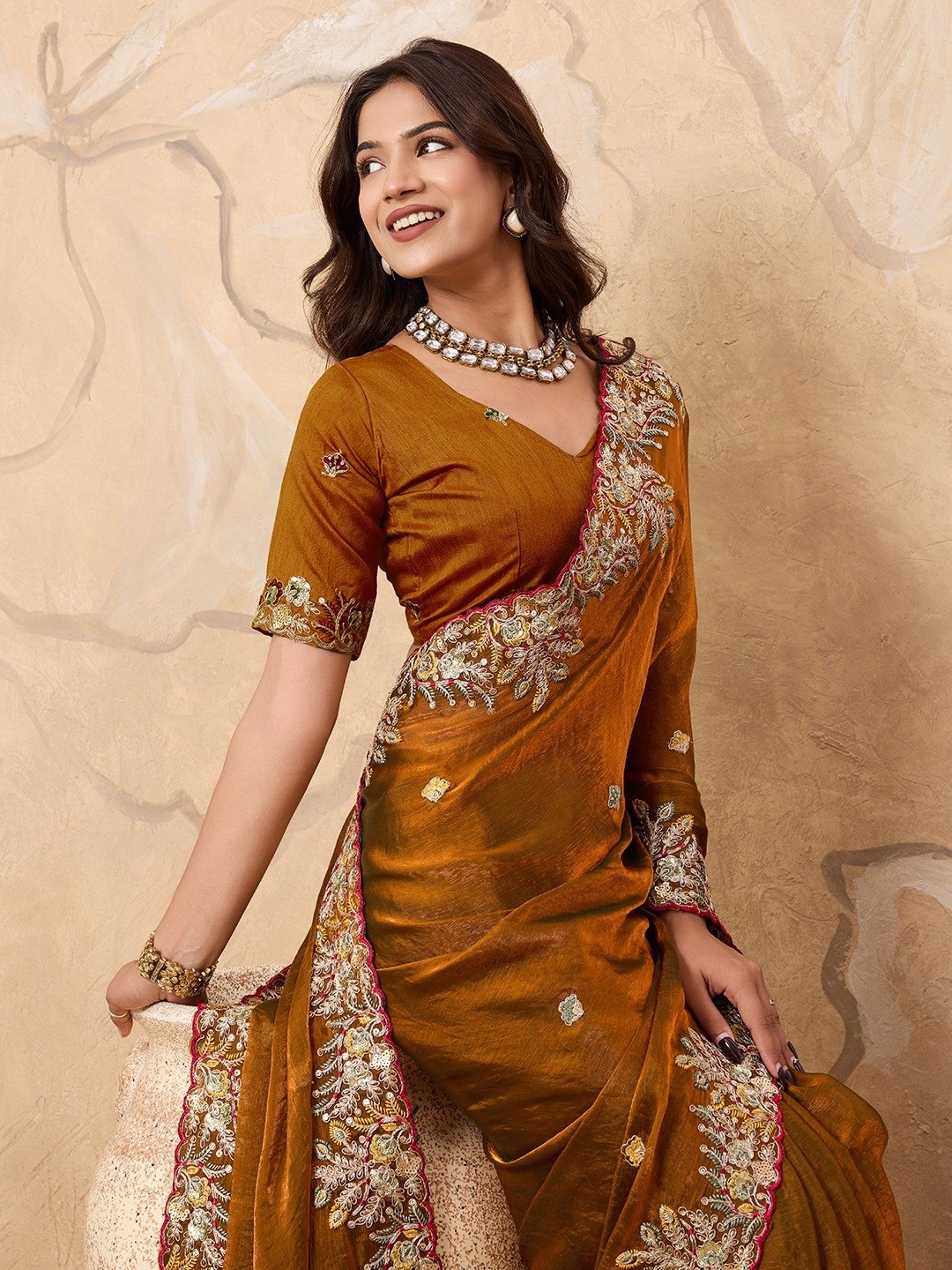 Mustard Embroidered Soft Fendy Chiffon Party Wear Saree — alternate view