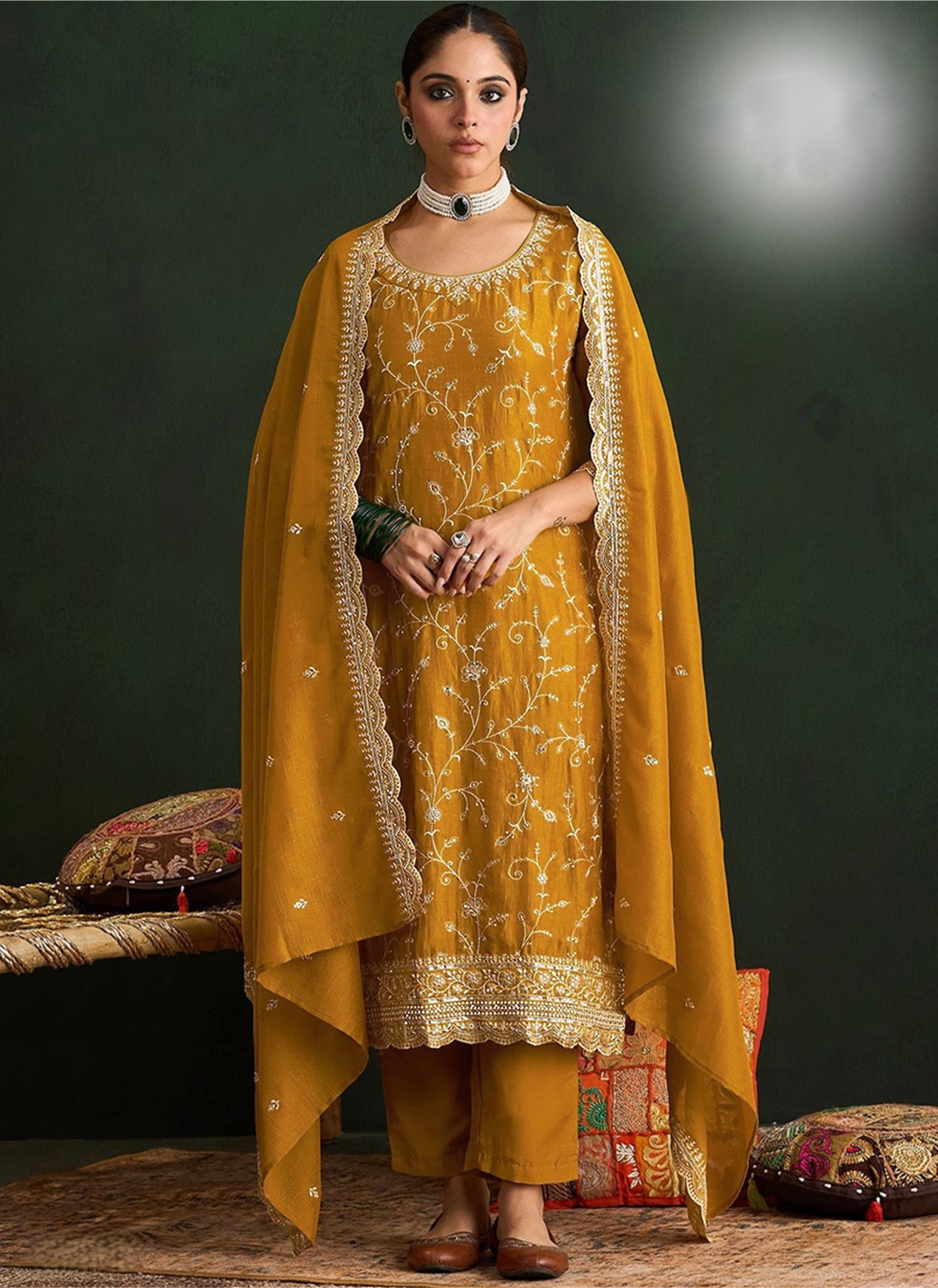 Mustard Embroidered Vichitra Straight Suit