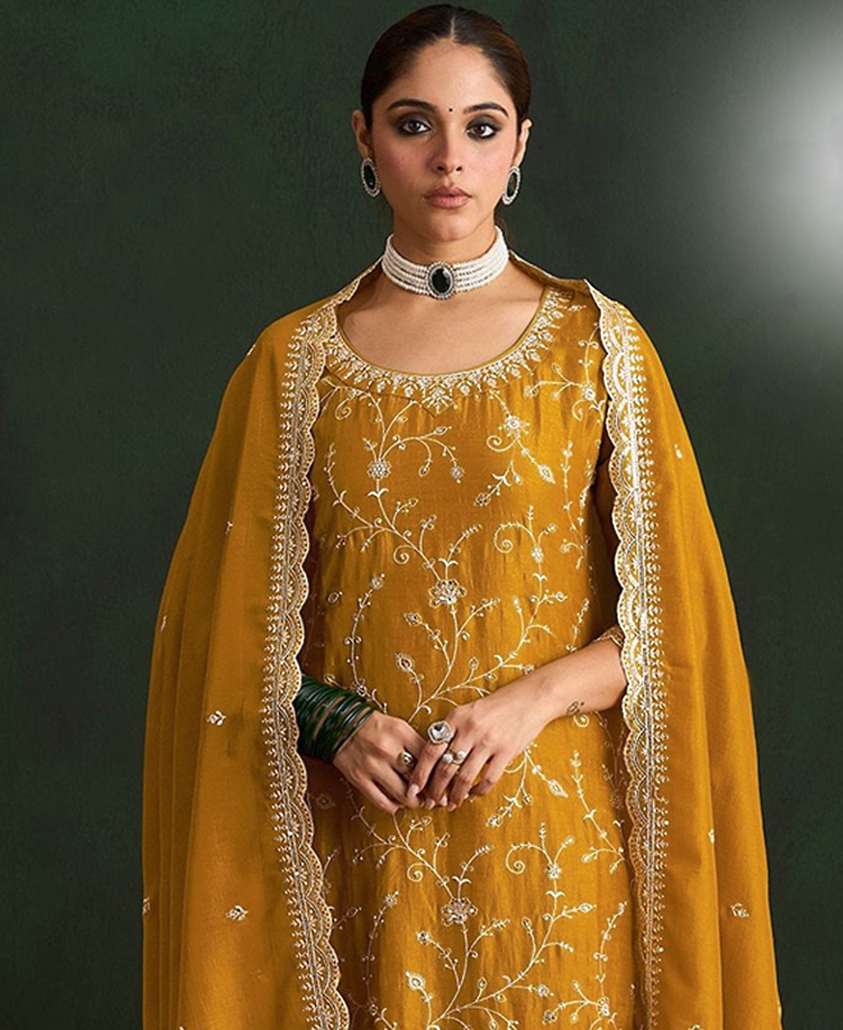 Mustard Embroidered Vichitra Straight Suit — alternate view