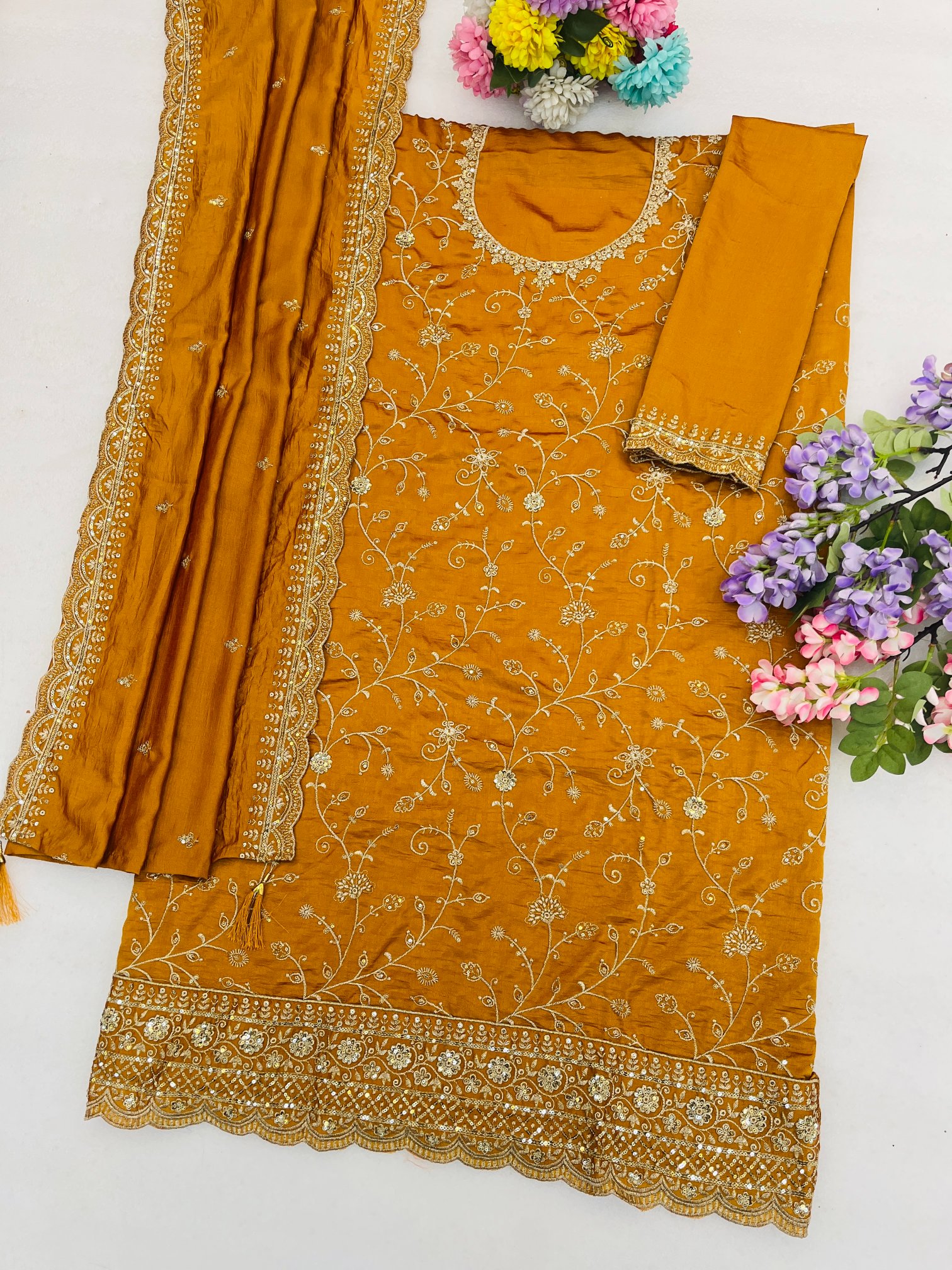 Mustard Embroidered Vichitra Straight Suit