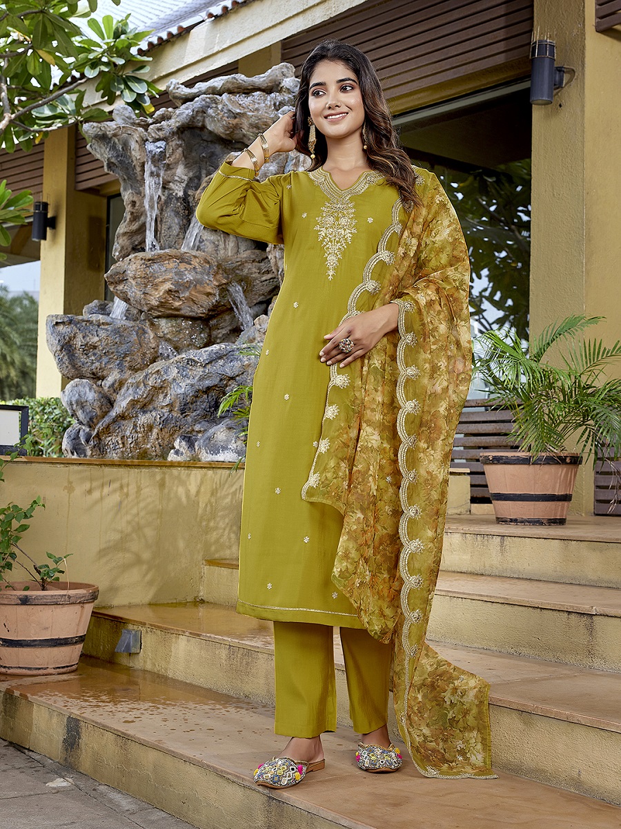 Mustard Embroidered Viscose Chanderi Readymade Suit