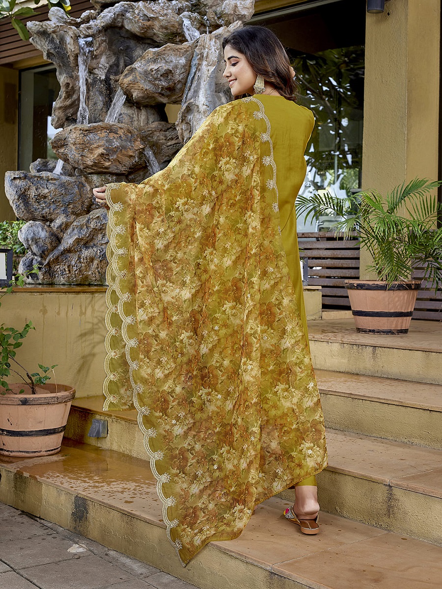 Mustard Embroidered Viscose Chanderi Readymade Suit — alternate view