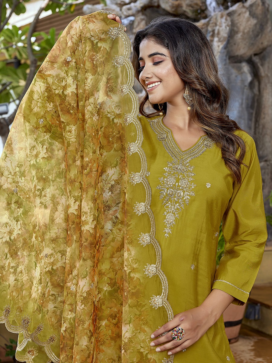 Mustard Embroidered Viscose Chanderi Readymade Suit