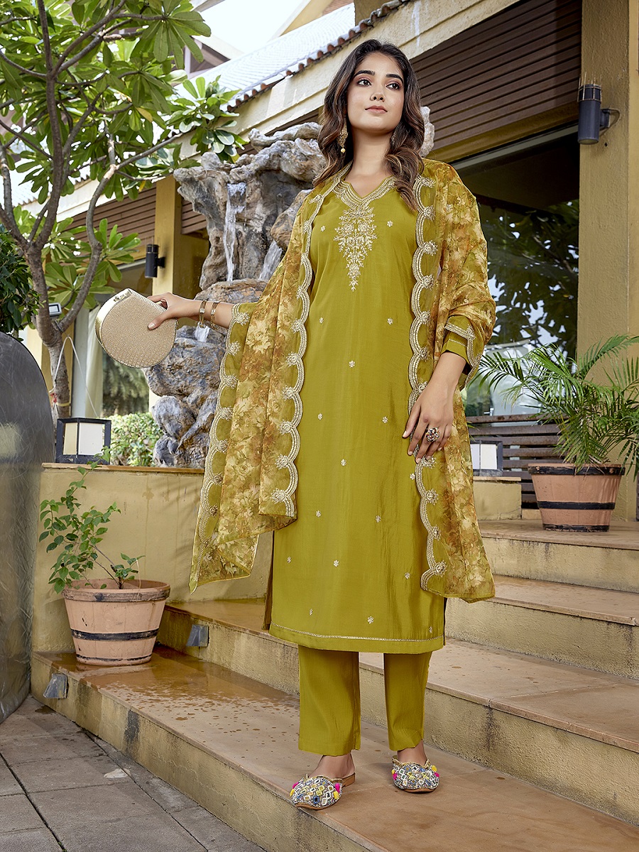 Mustard Embroidered Viscose Chanderi Readymade Suit