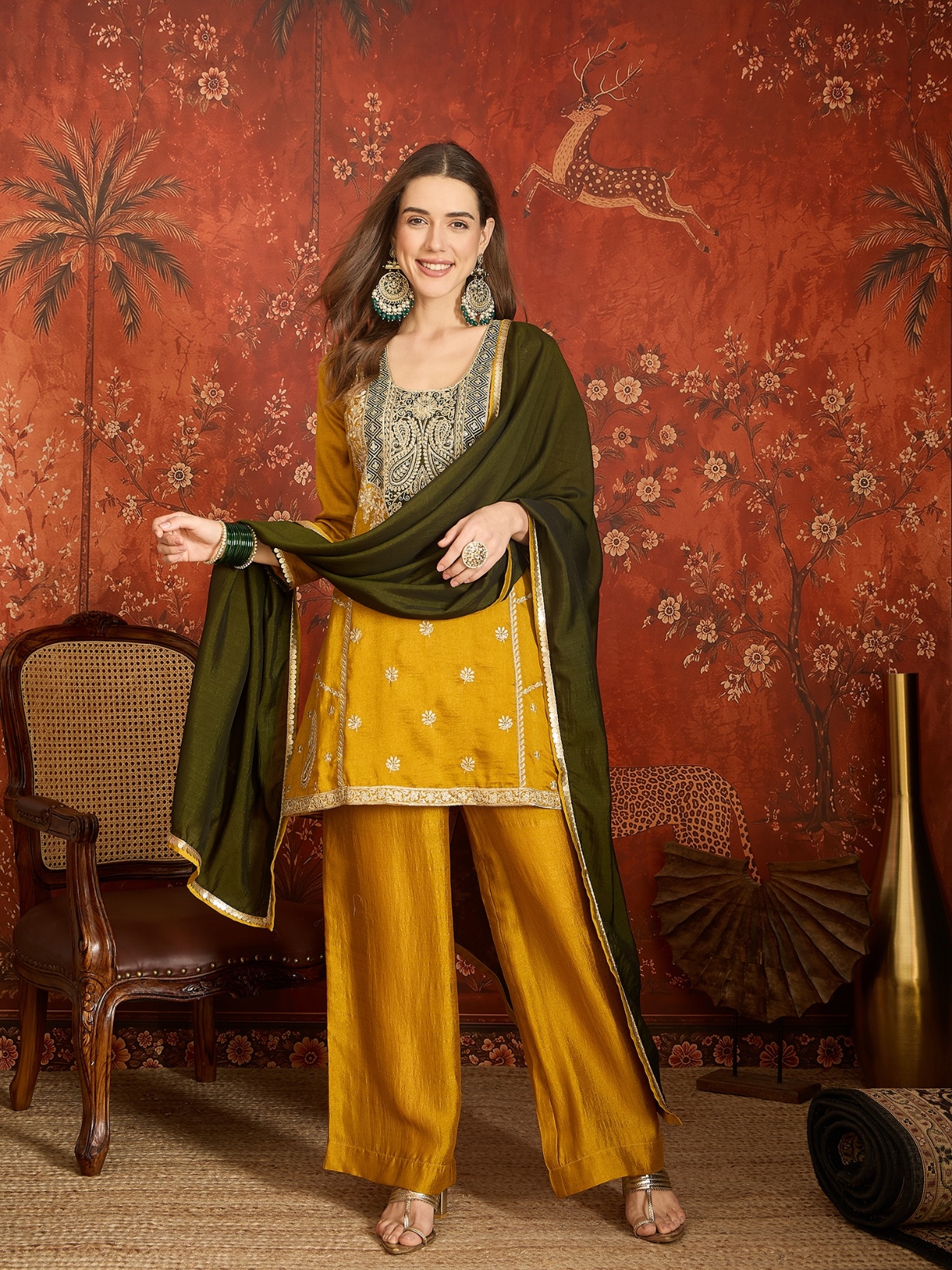 Mustard Embroidery Work Vichitra Palazzo Suit