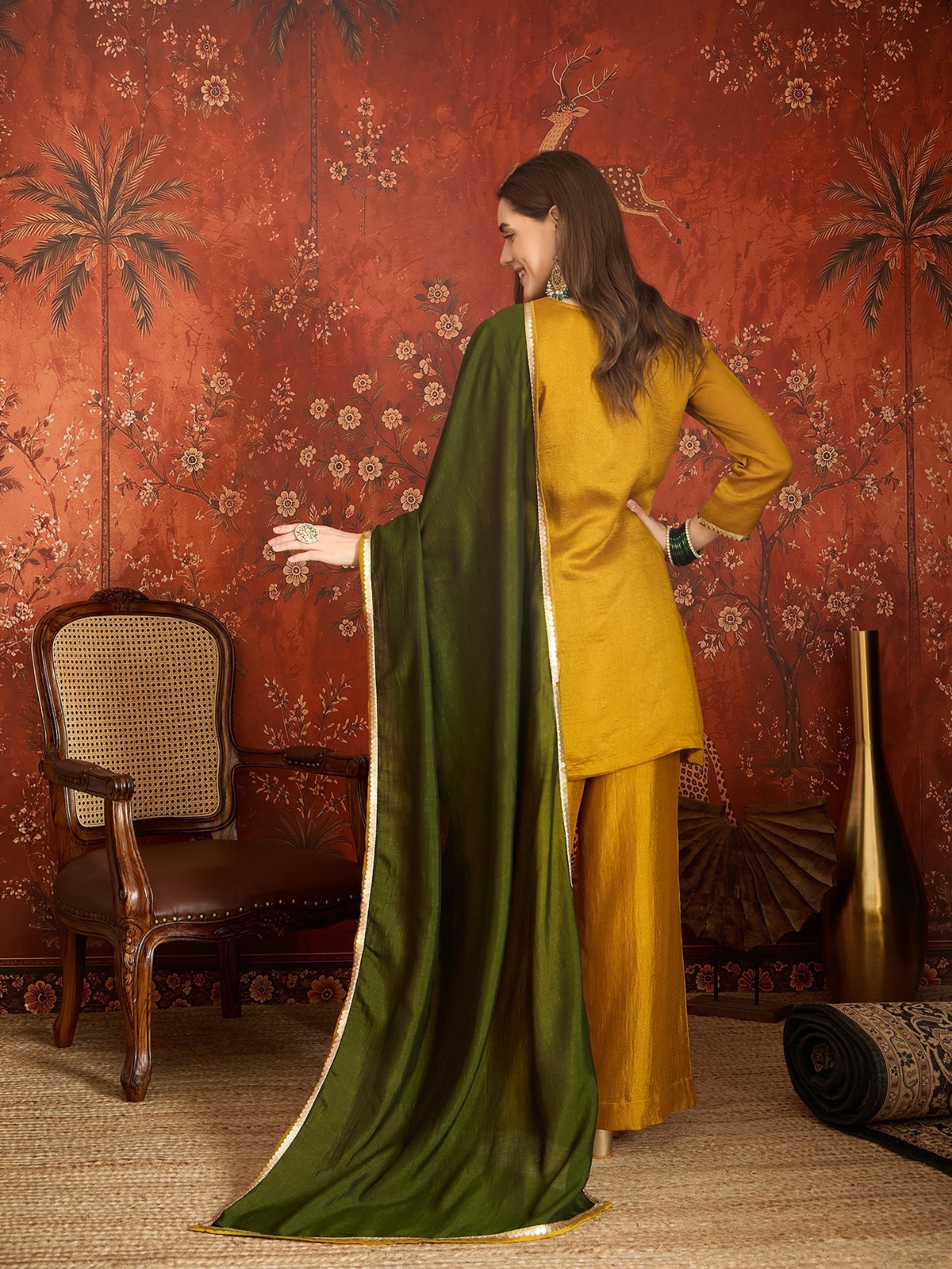 Mustard Embroidery Work Vichitra Palazzo Suit — alternate view