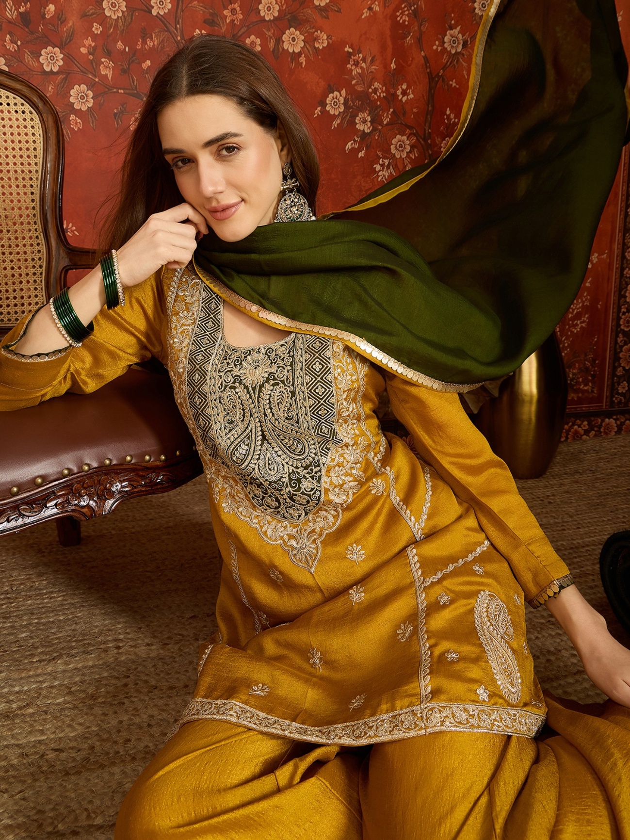 Mustard Embroidery Work Vichitra Palazzo Suit