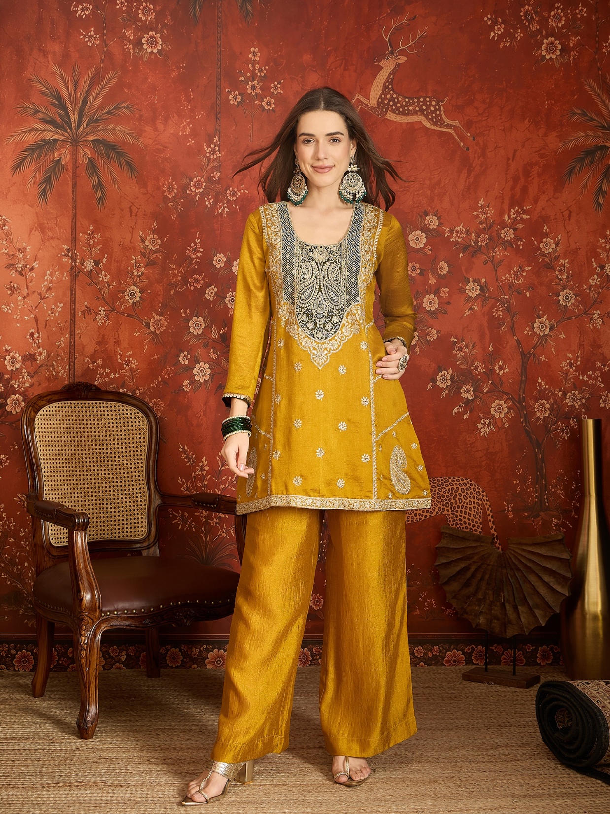 Mustard Embroidery Work Vichitra Palazzo Suit