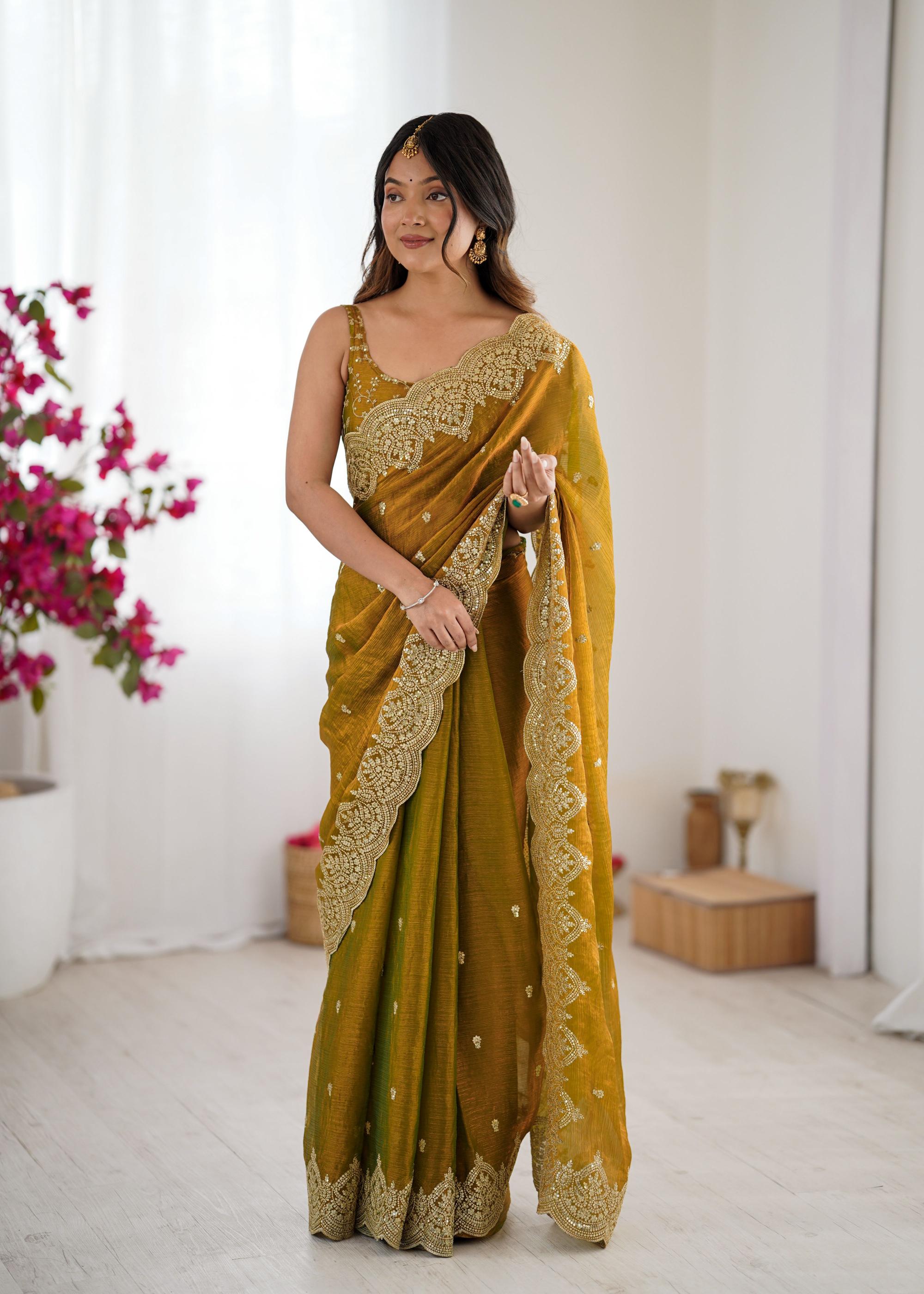 Mustard Fendi Chiffon Two-Tone Embroidered Fendi Chiffon Saree