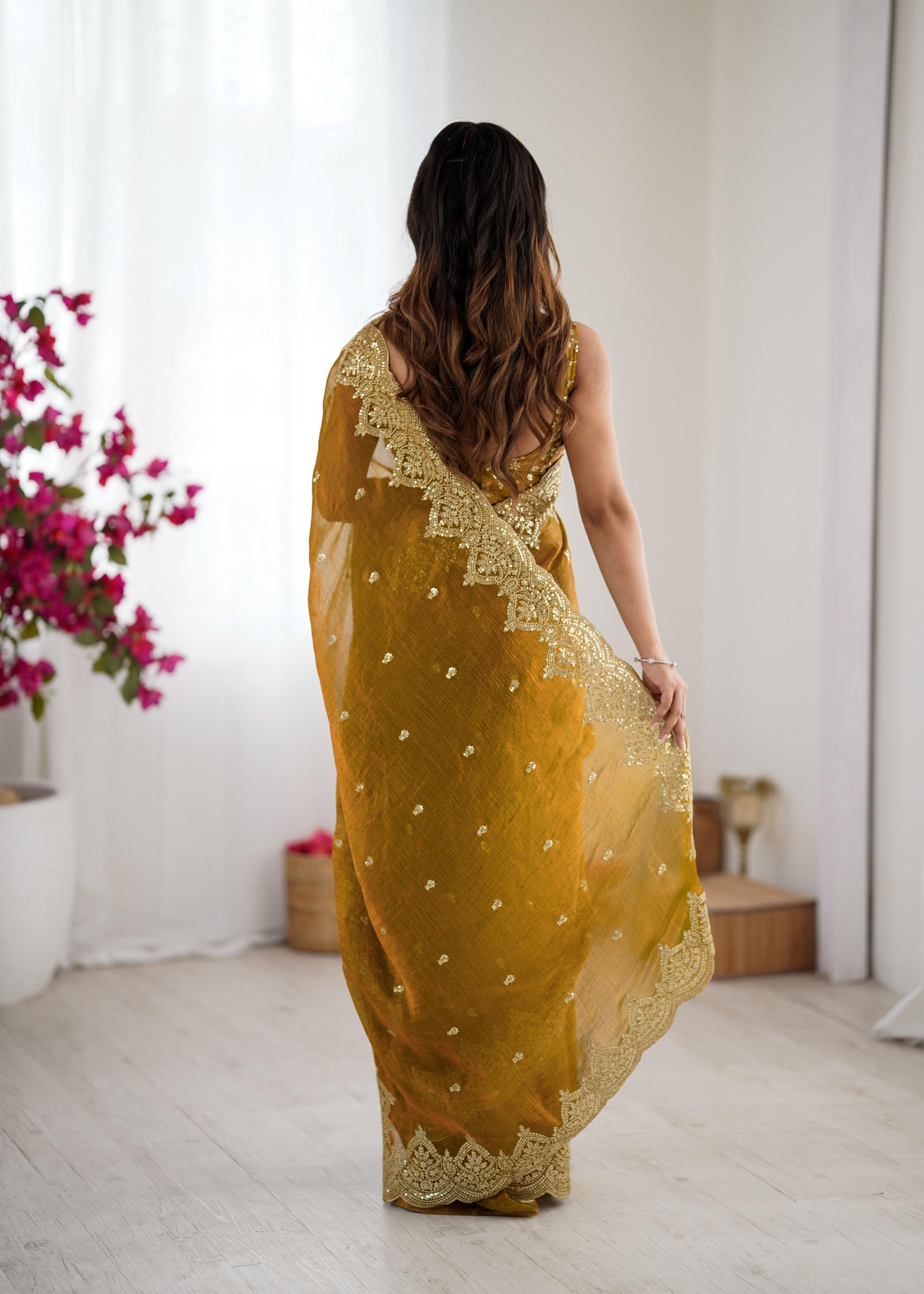 Mustard Fendi Chiffon Two-Tone Embroidered Fendi Chiffon Saree — alternate view