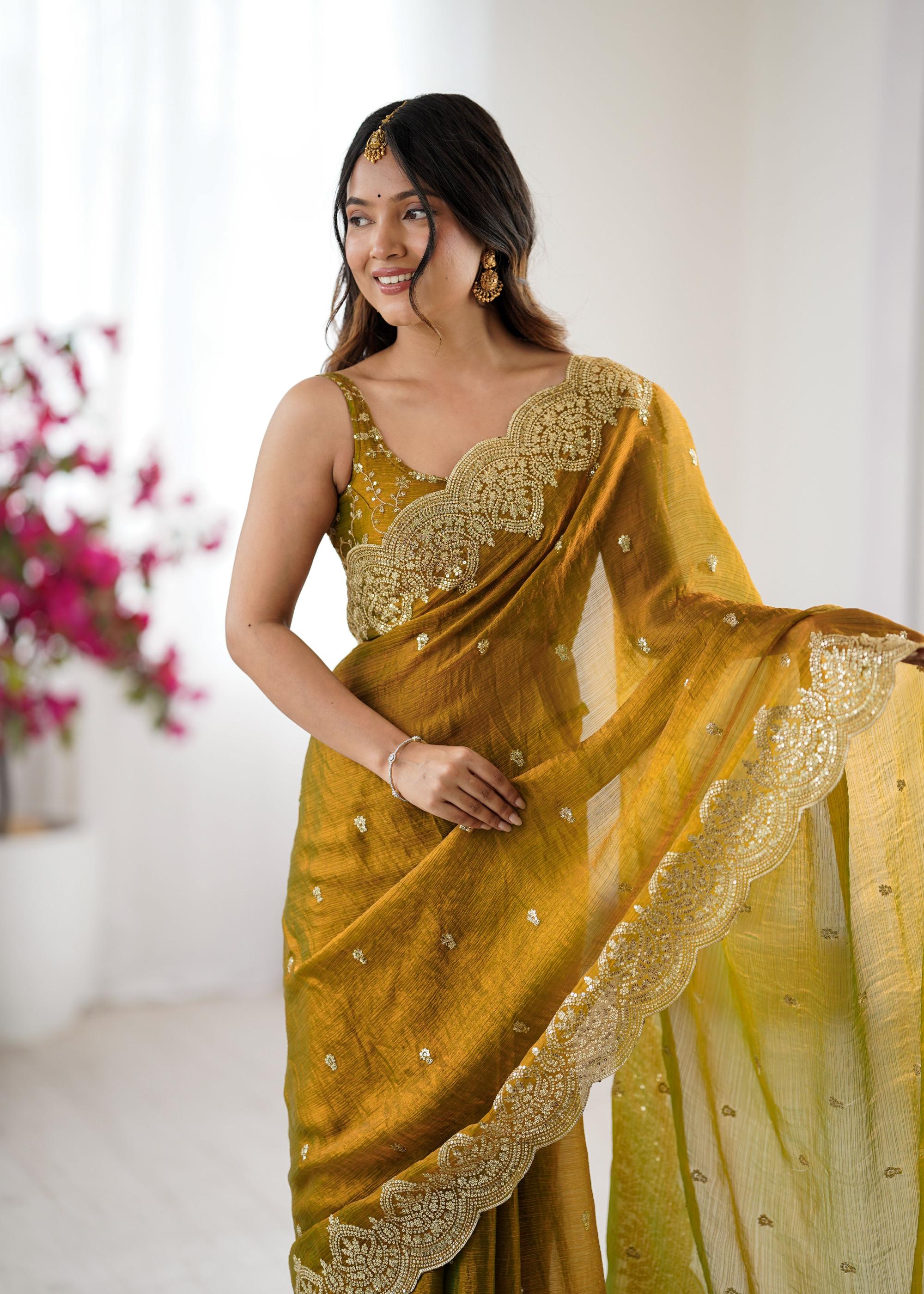 Mustard Fendi Chiffon Two-Tone Embroidered Fendi Chiffon Saree