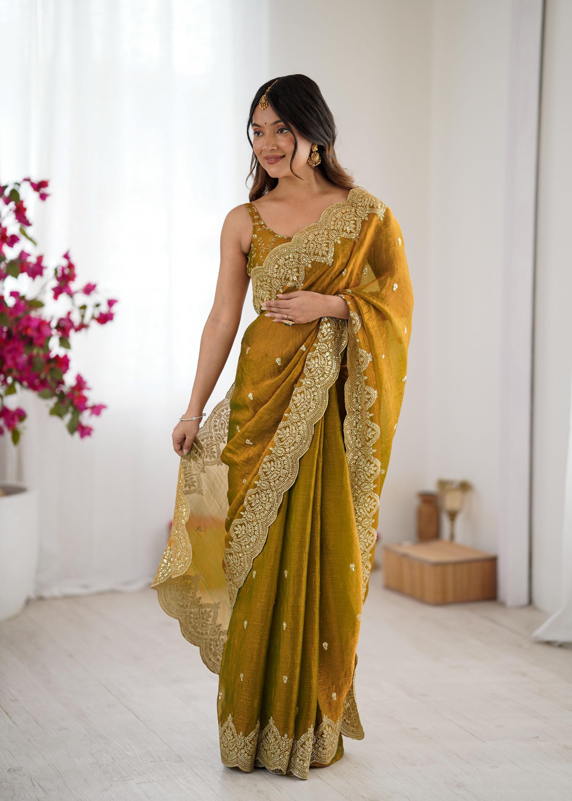 Mustard Fendi Chiffon Two-Tone Embroidered Fendi Chiffon Saree