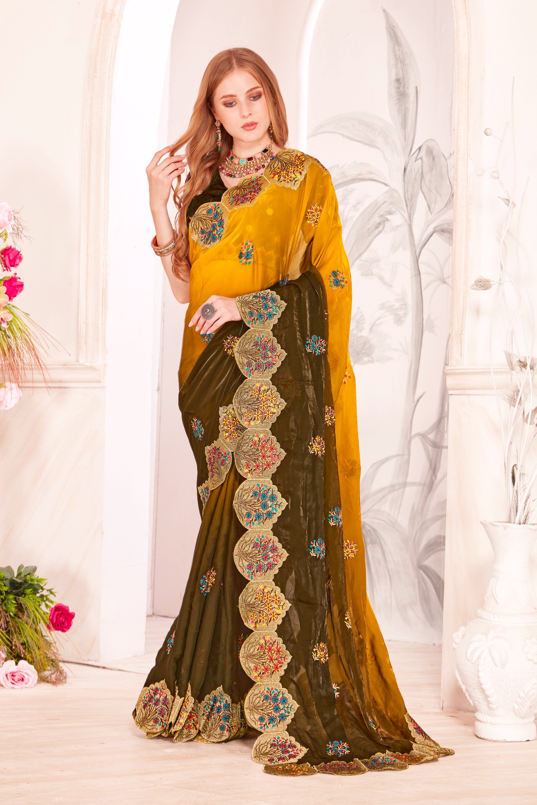 Mustard Fendi Satin Silk Two Tone Shaded Zari and Resham Embroidered Saree