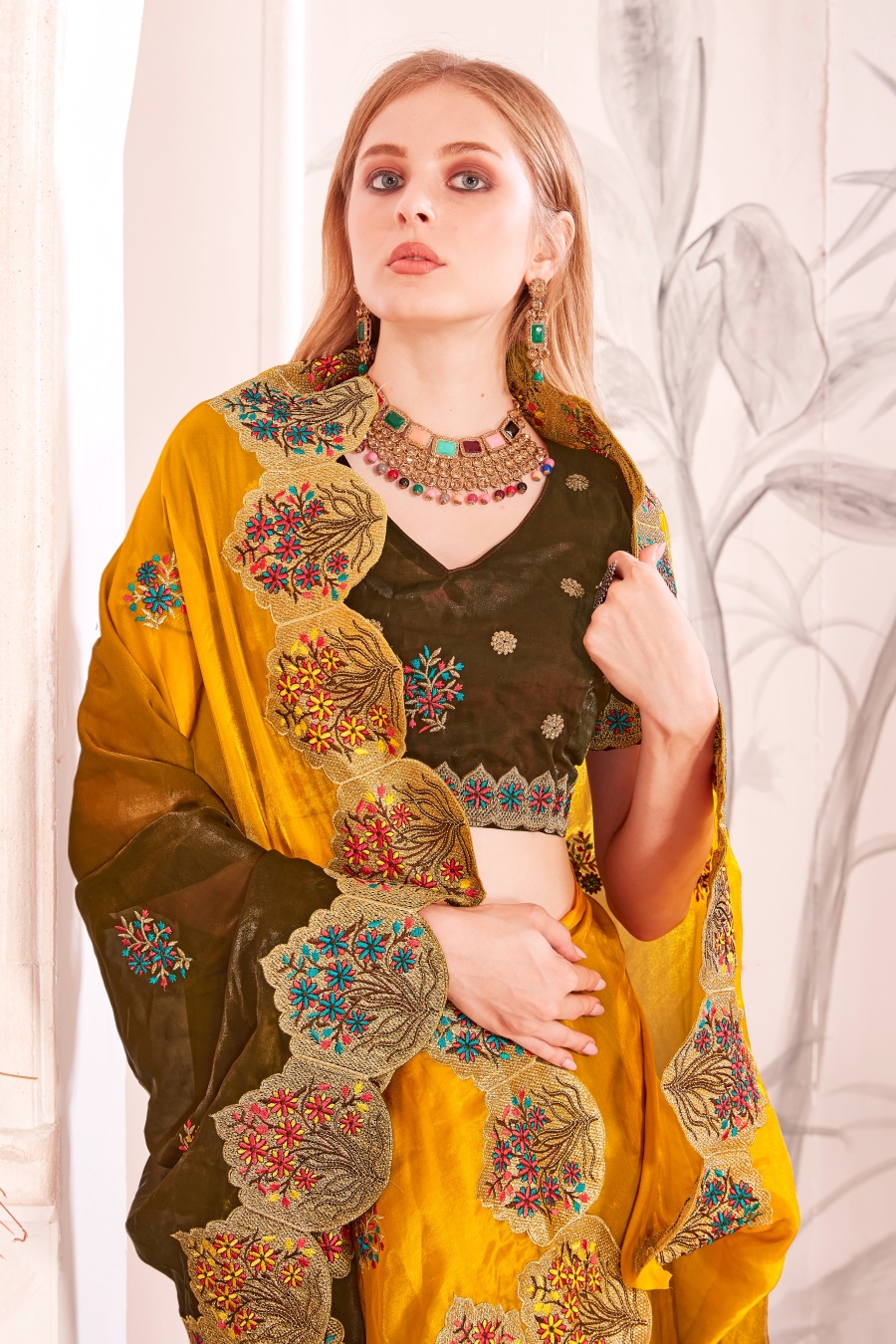 Mustard Fendi Satin Silk Two Tone Shaded Zari and Resham Embroidered Saree — alternate view