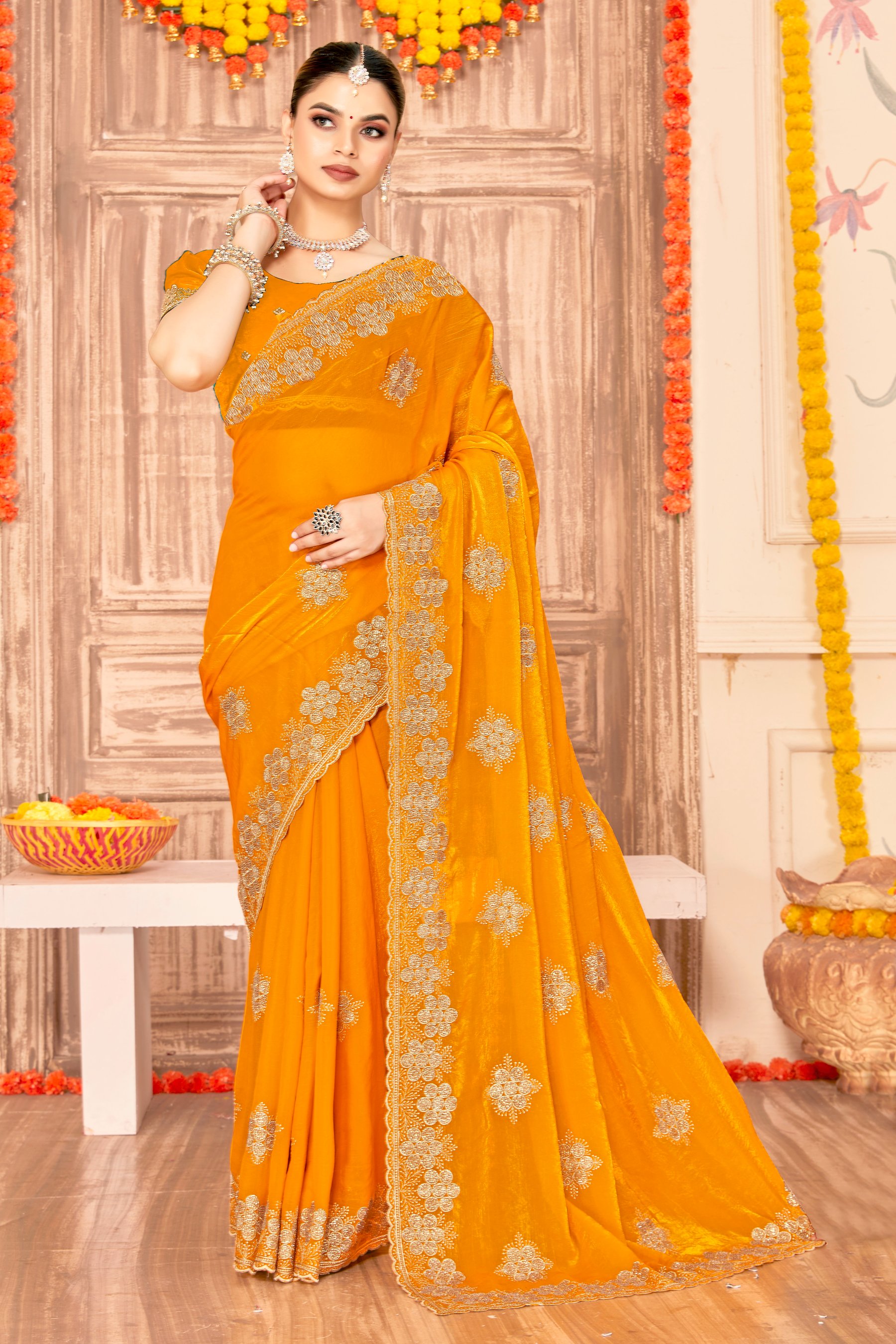 Mustard Fendy Silk Zari Siroski Saree