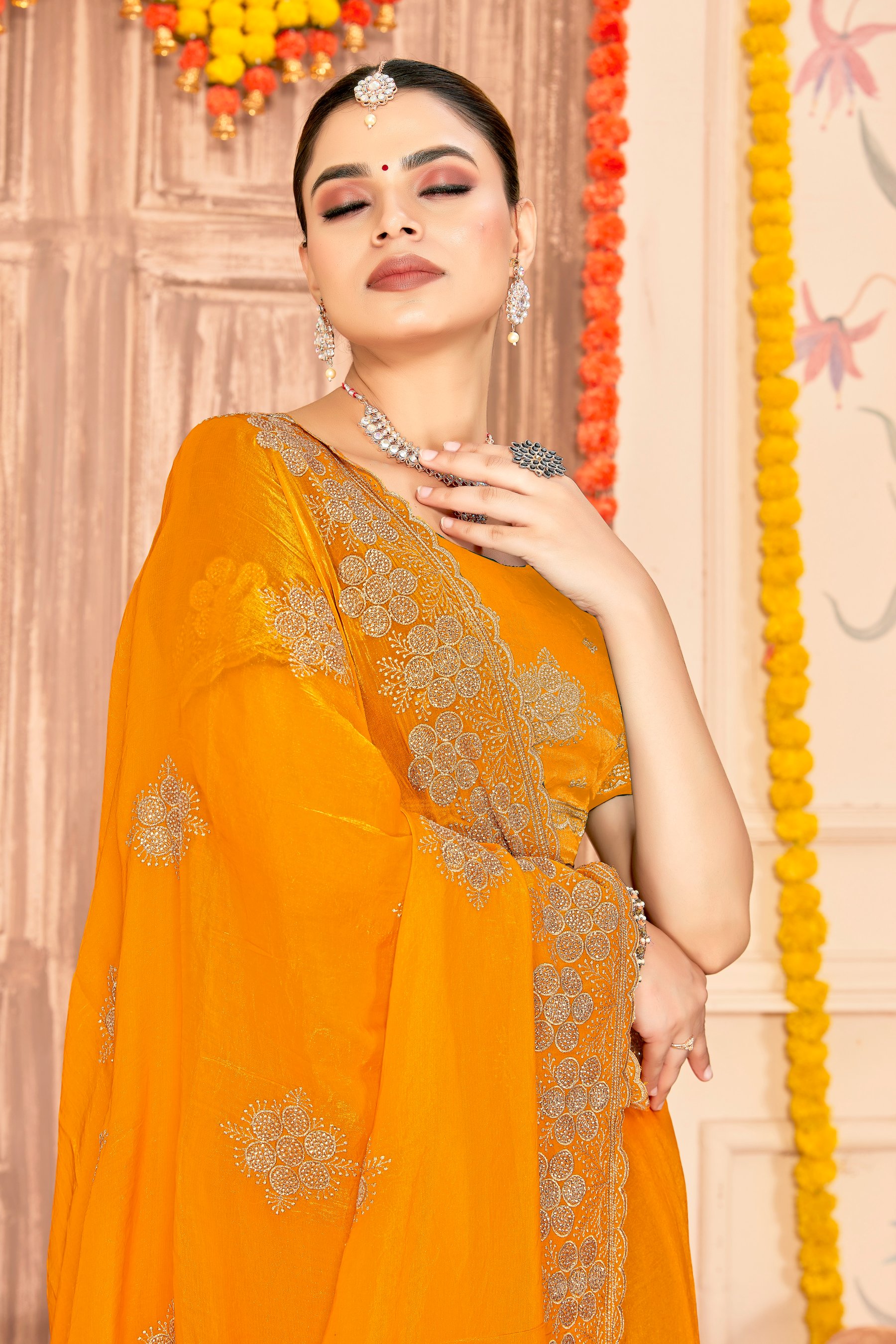 Mustard Fendy Silk Zari Siroski Saree