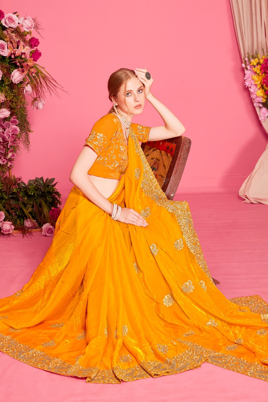 Mustard Fendy Two Tone Silk Heavy Zari Embroidery Zircon Work Party Wear Saree — alternate view