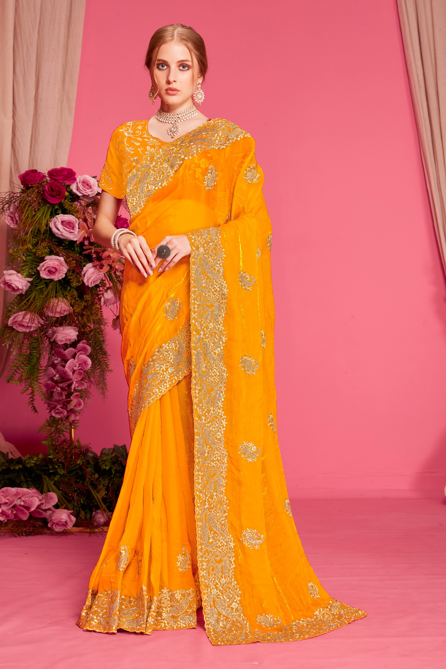 Mustard Fendy Two Tone Silk Heavy Zari Embroidery Zircon Work Party Wear Saree