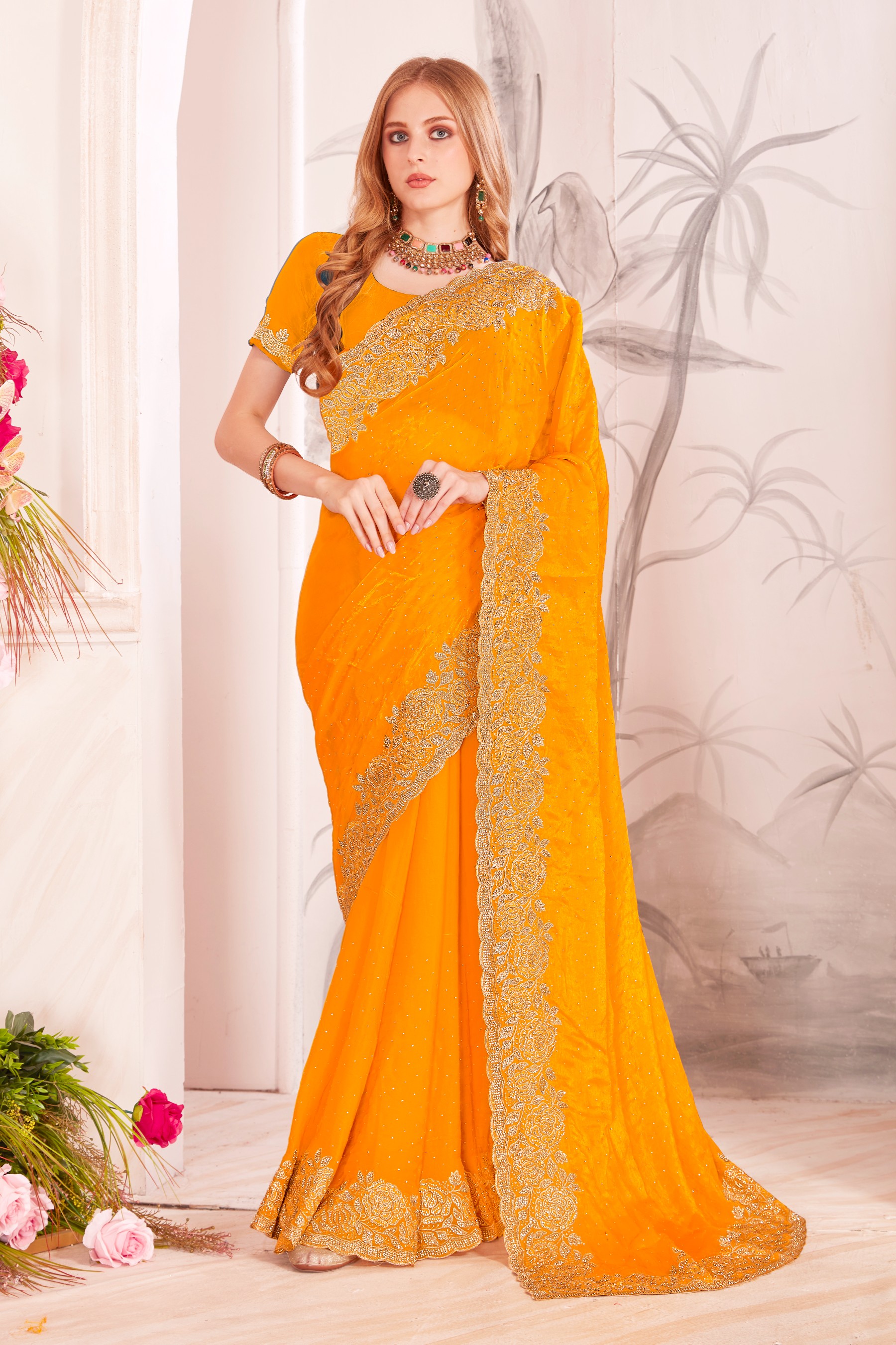 Mustard Fendy Two Tone Silk Heavy Zari Resham Embroidery Zircon Work Designer Saree