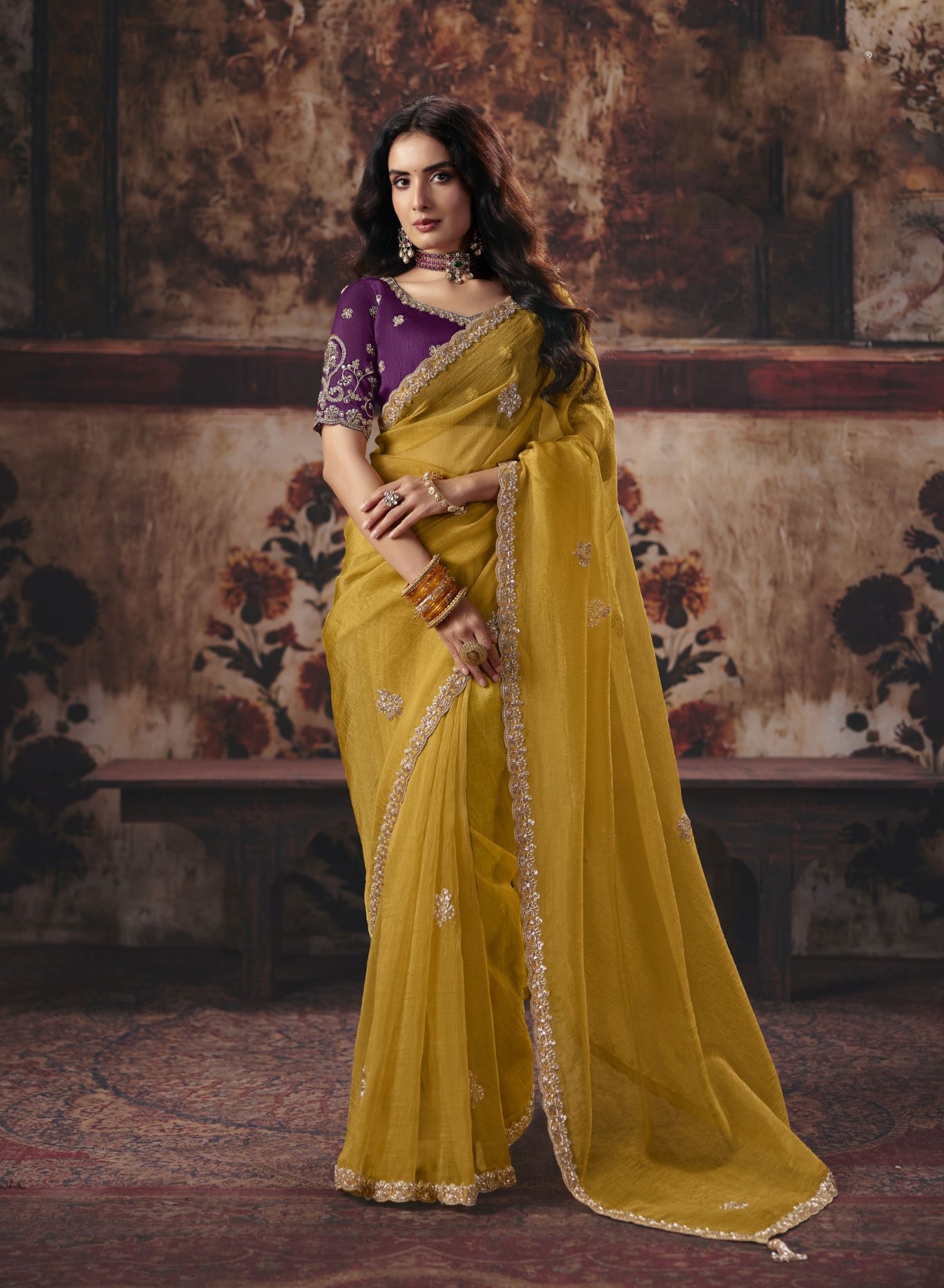 Mustard Floral Bead Work Organza Saree
