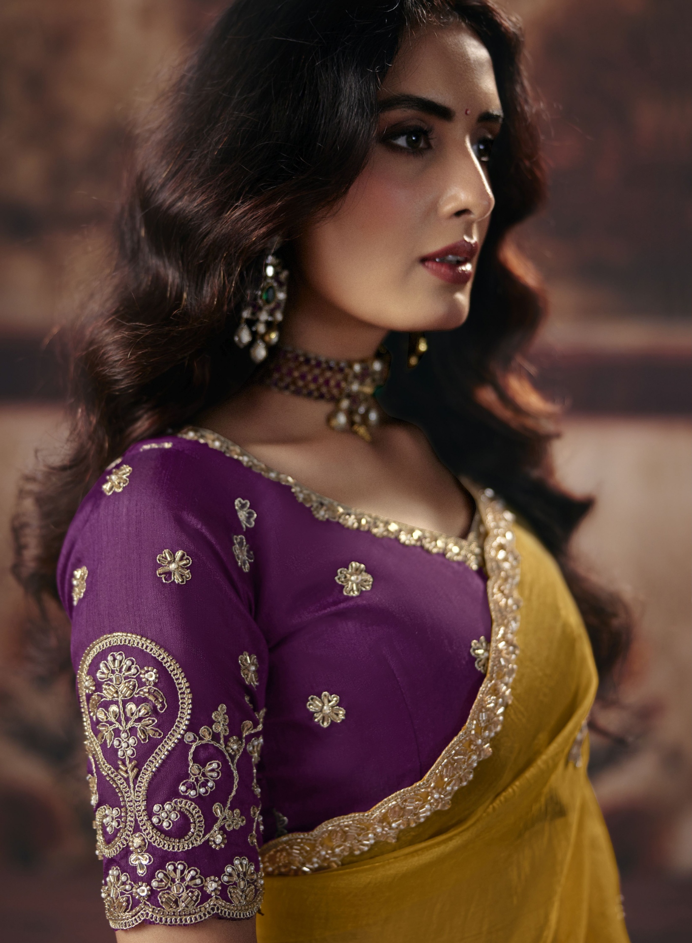 Mustard Floral Bead Work Organza Saree