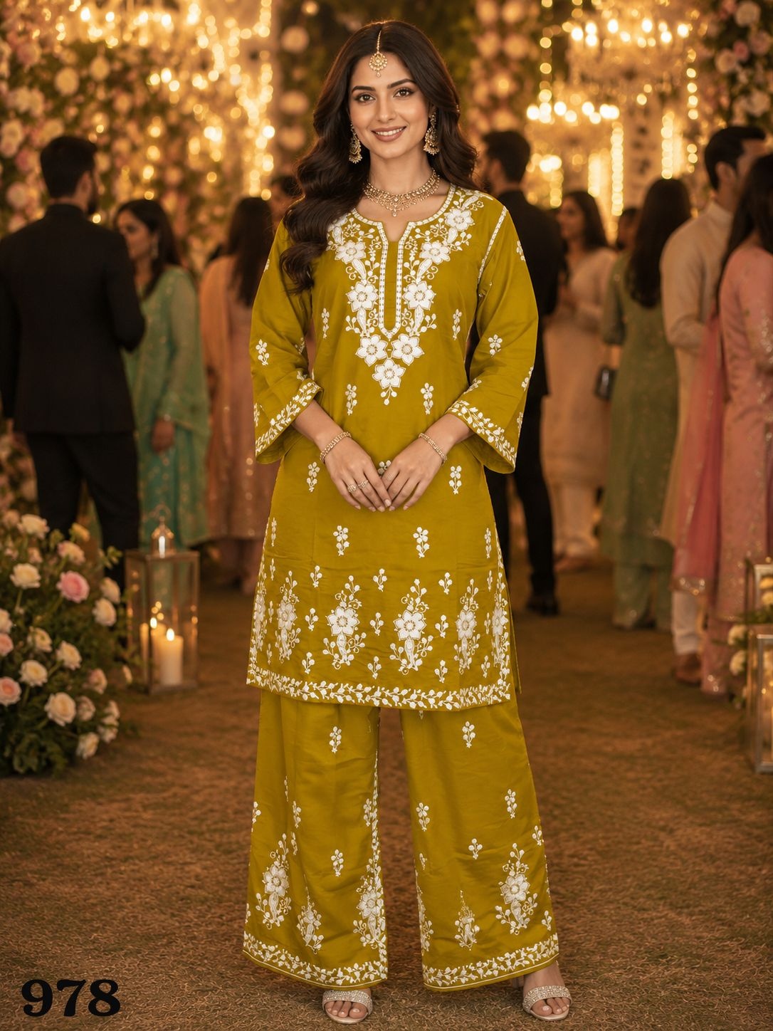 Mustard Floral Chikankari Chanderi Palazzo Suit