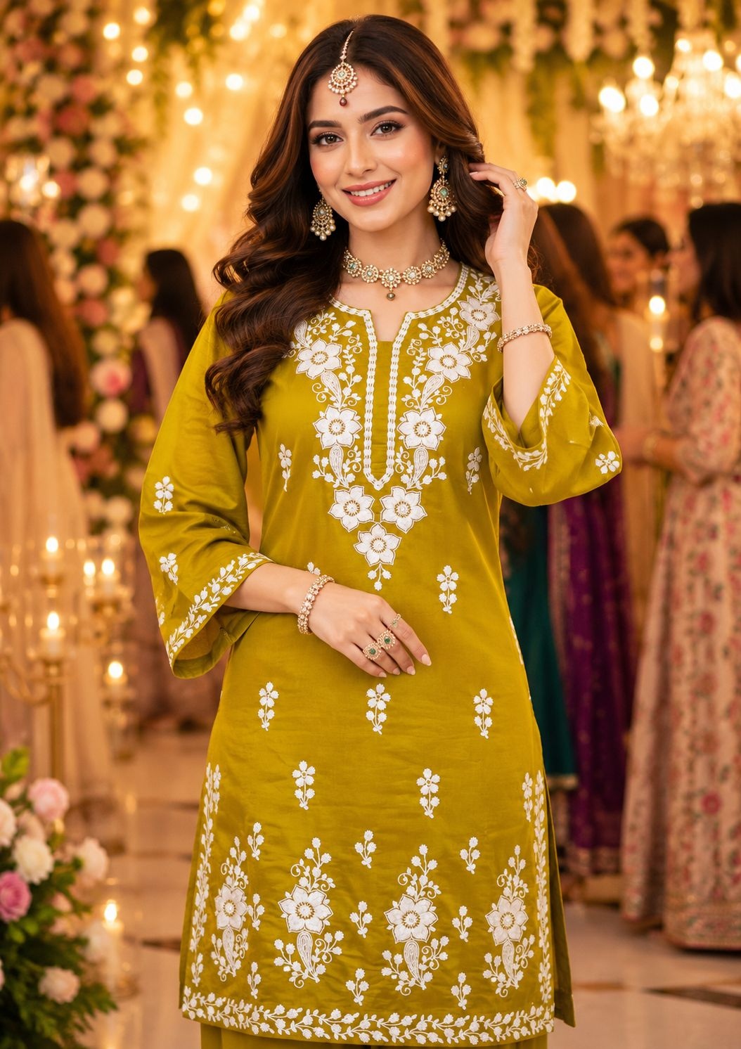 Mustard Floral Chikankari Chanderi Palazzo Suit