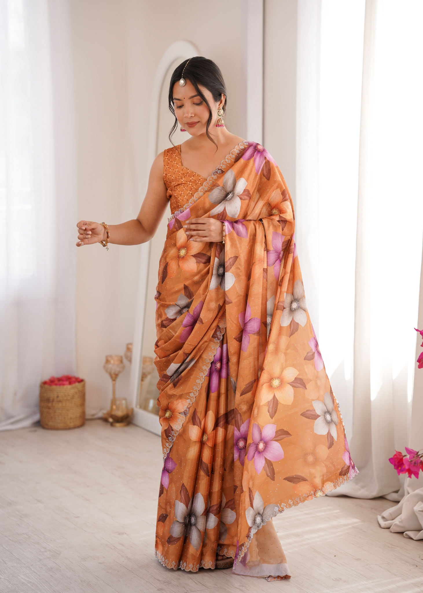 Mustard Floral Digital Printed Chinon Saree