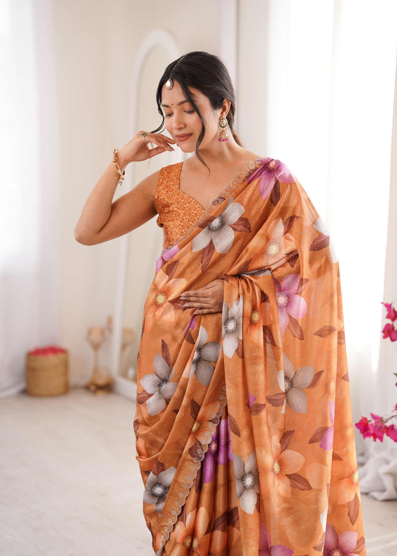 Mustard Floral Digital Printed Chinon Saree