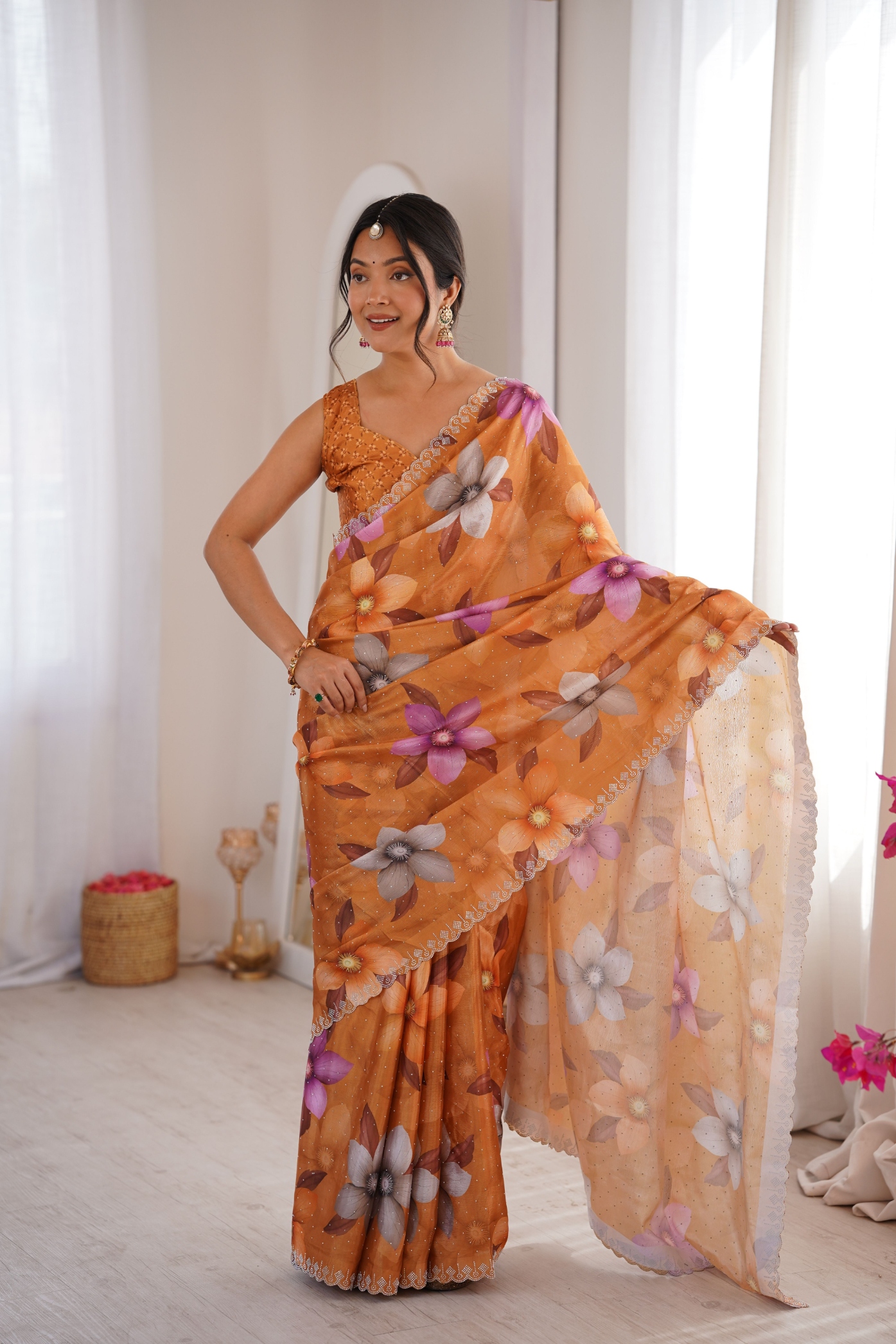 Mustard Floral Digital Printed Chinon Saree