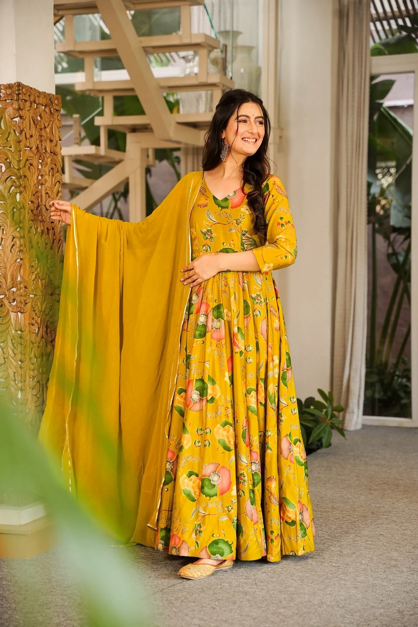 Mustard Floral Digital Printed Rayon Gown