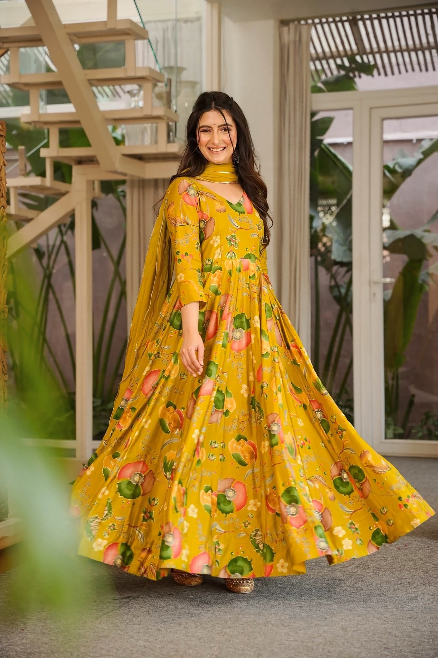 Mustard Floral Digital Printed Rayon Gown