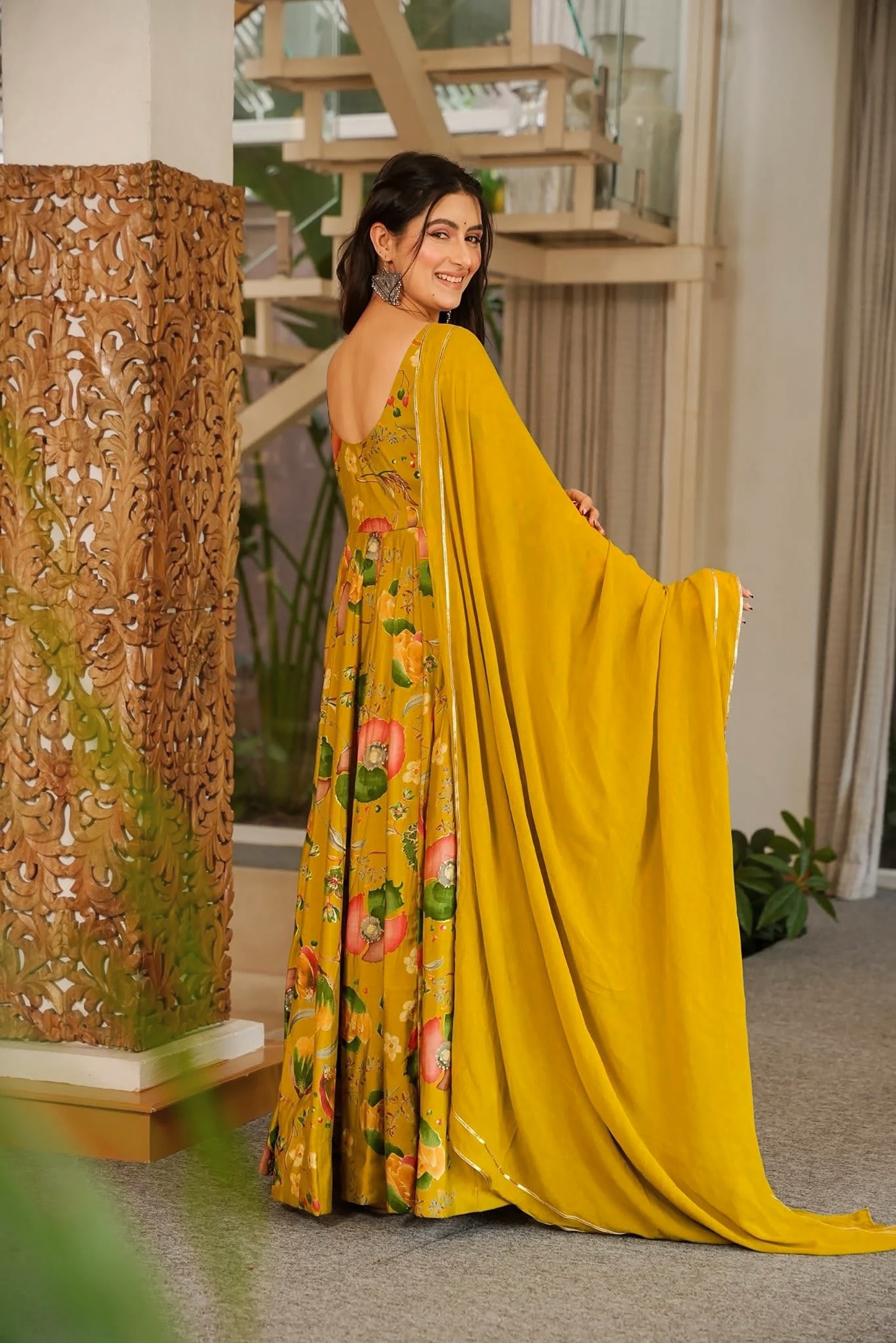 Mustard Floral Digital Printed Rayon Gown