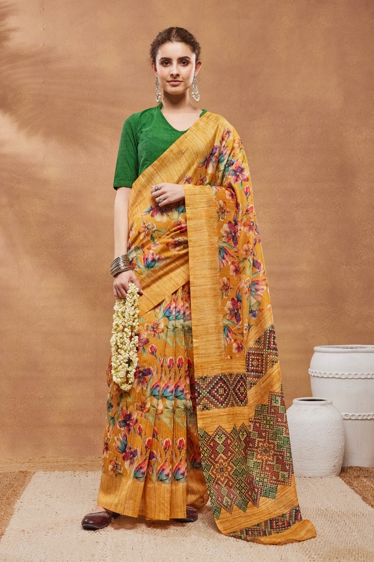Mustard Floral Digital Silk Blend Saree