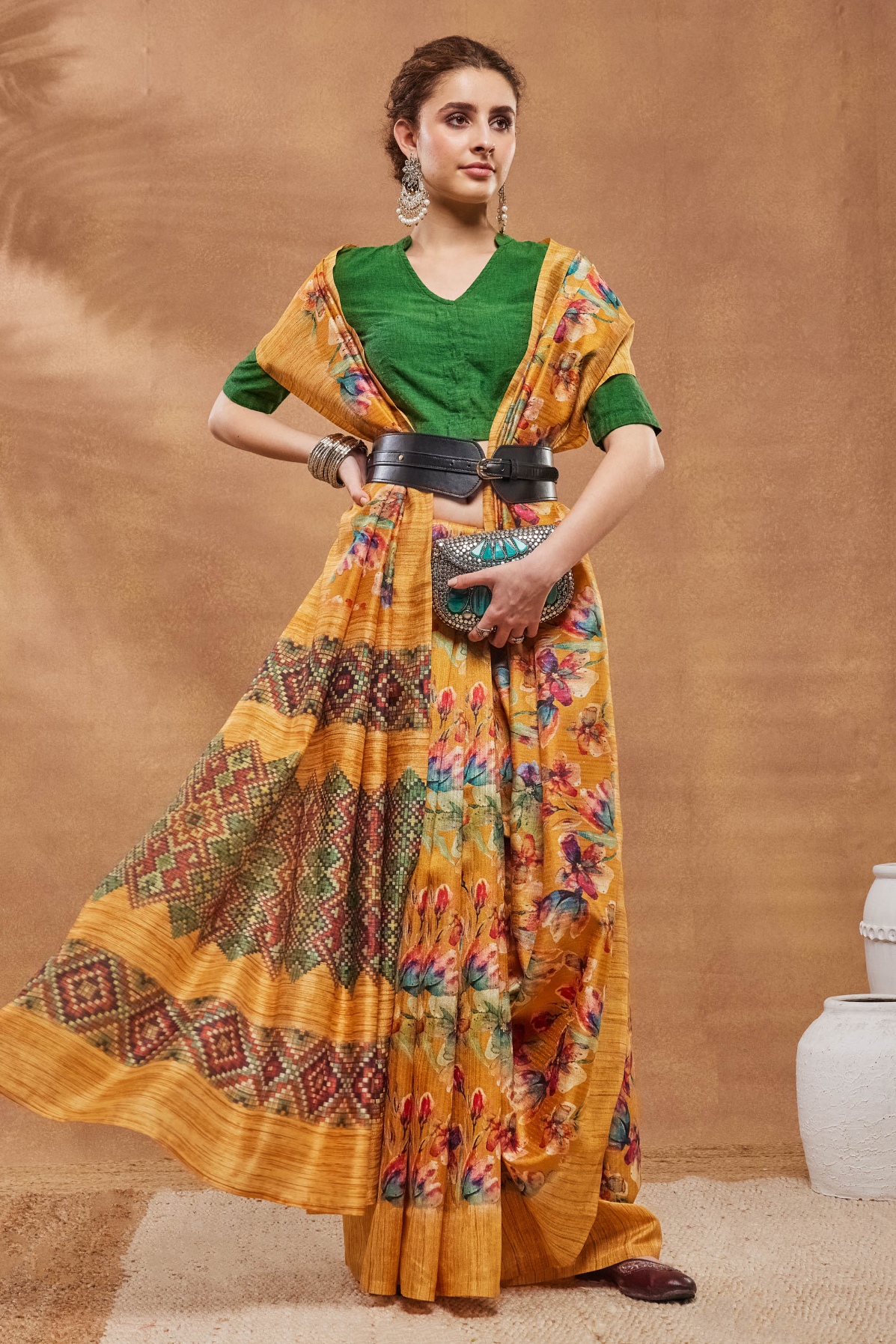 Mustard Floral Digital Silk Blend Saree