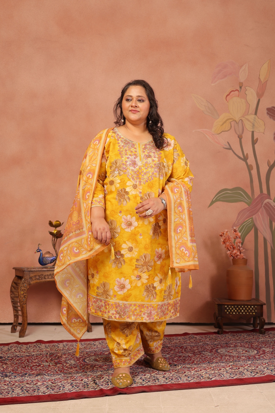 Mustard Floral Embroidered Cambric Cotton Straight Suit