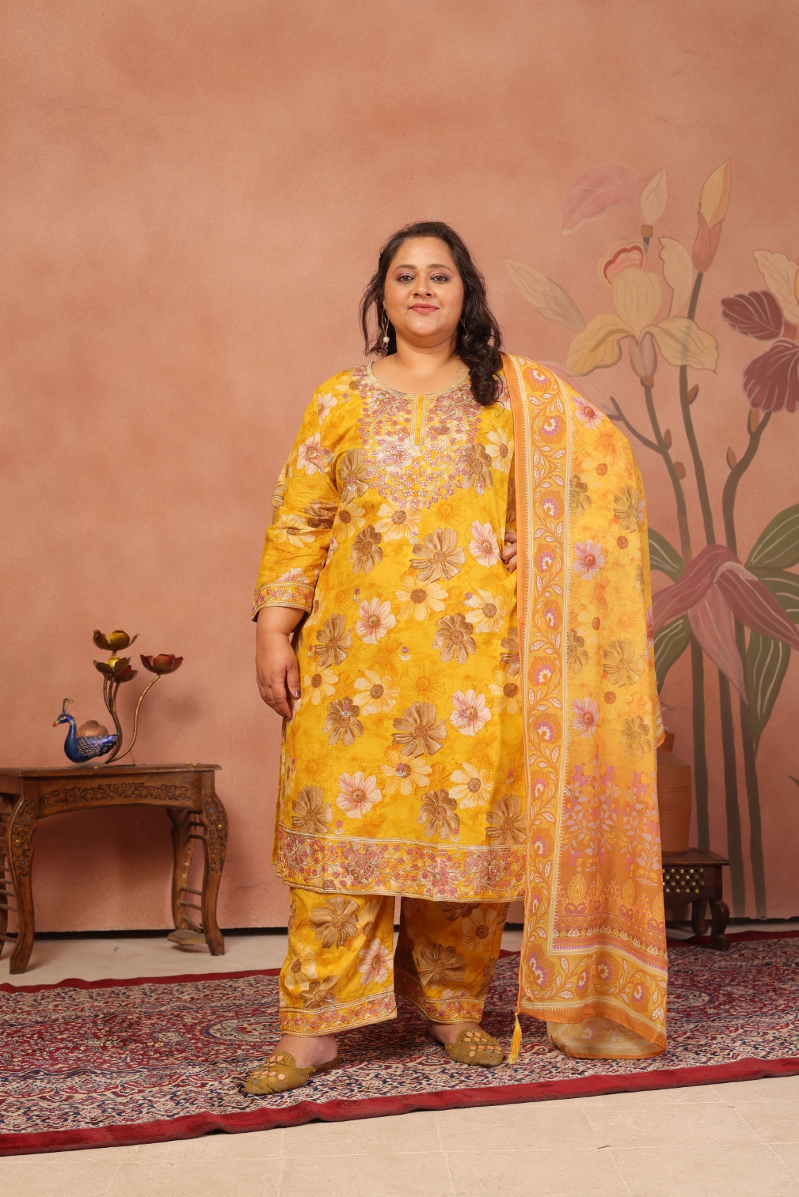 Mustard Floral Embroidered Cambric Cotton Straight Suit