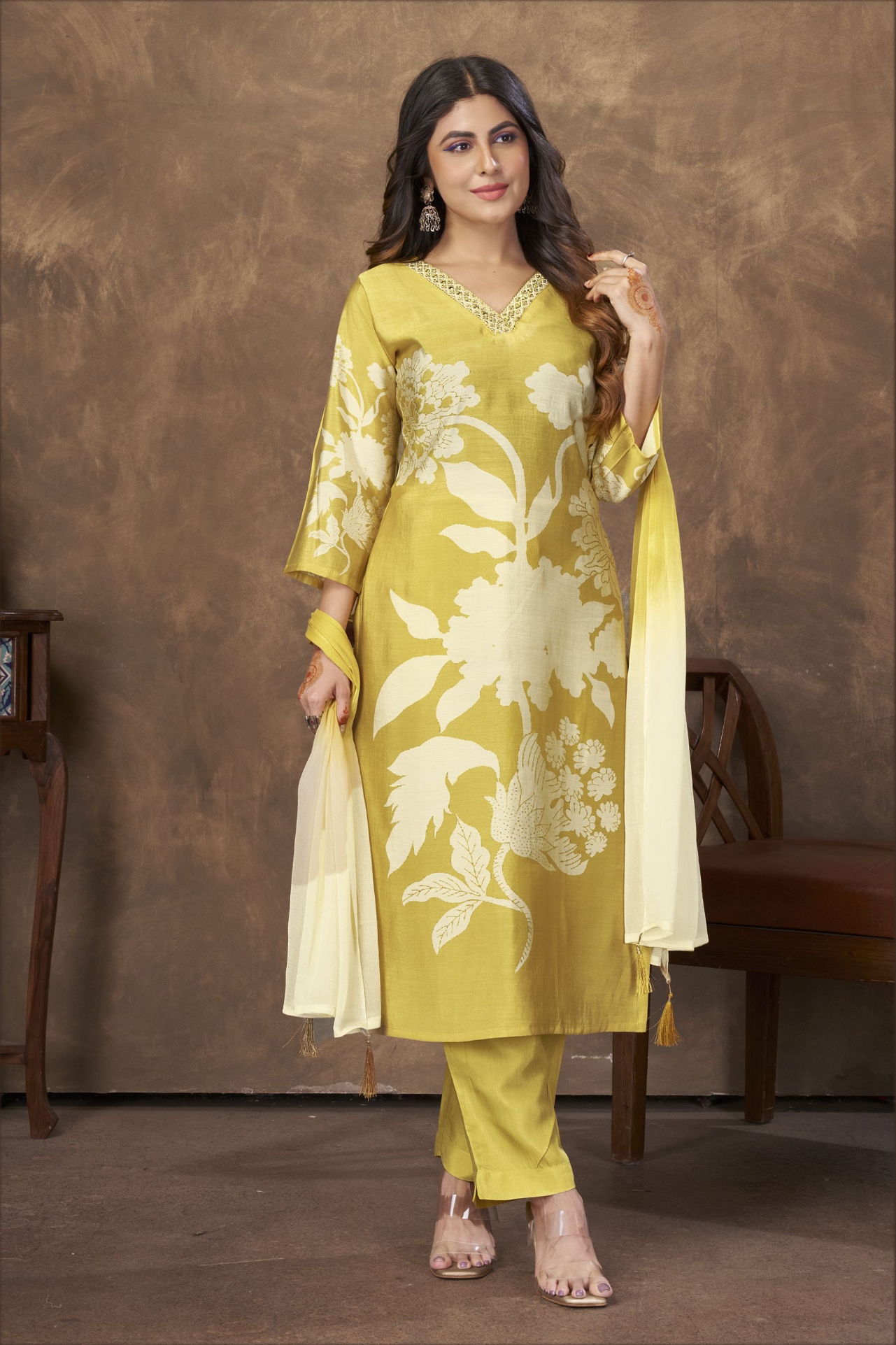 Mustard Floral Embroidered Chanderi Straight Suit