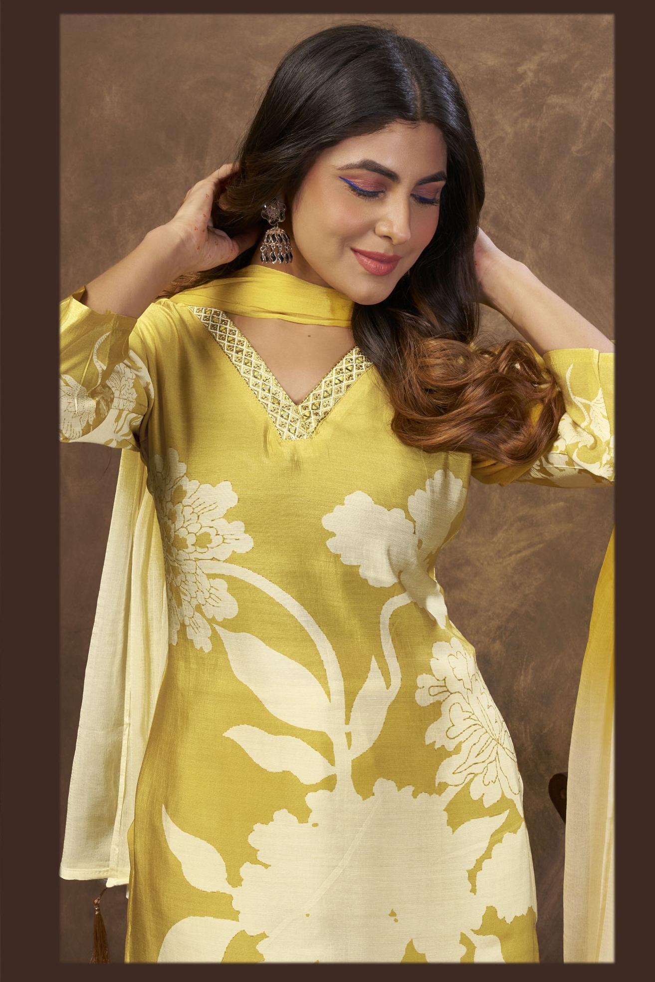 Mustard Floral Embroidered Chanderi Straight Suit